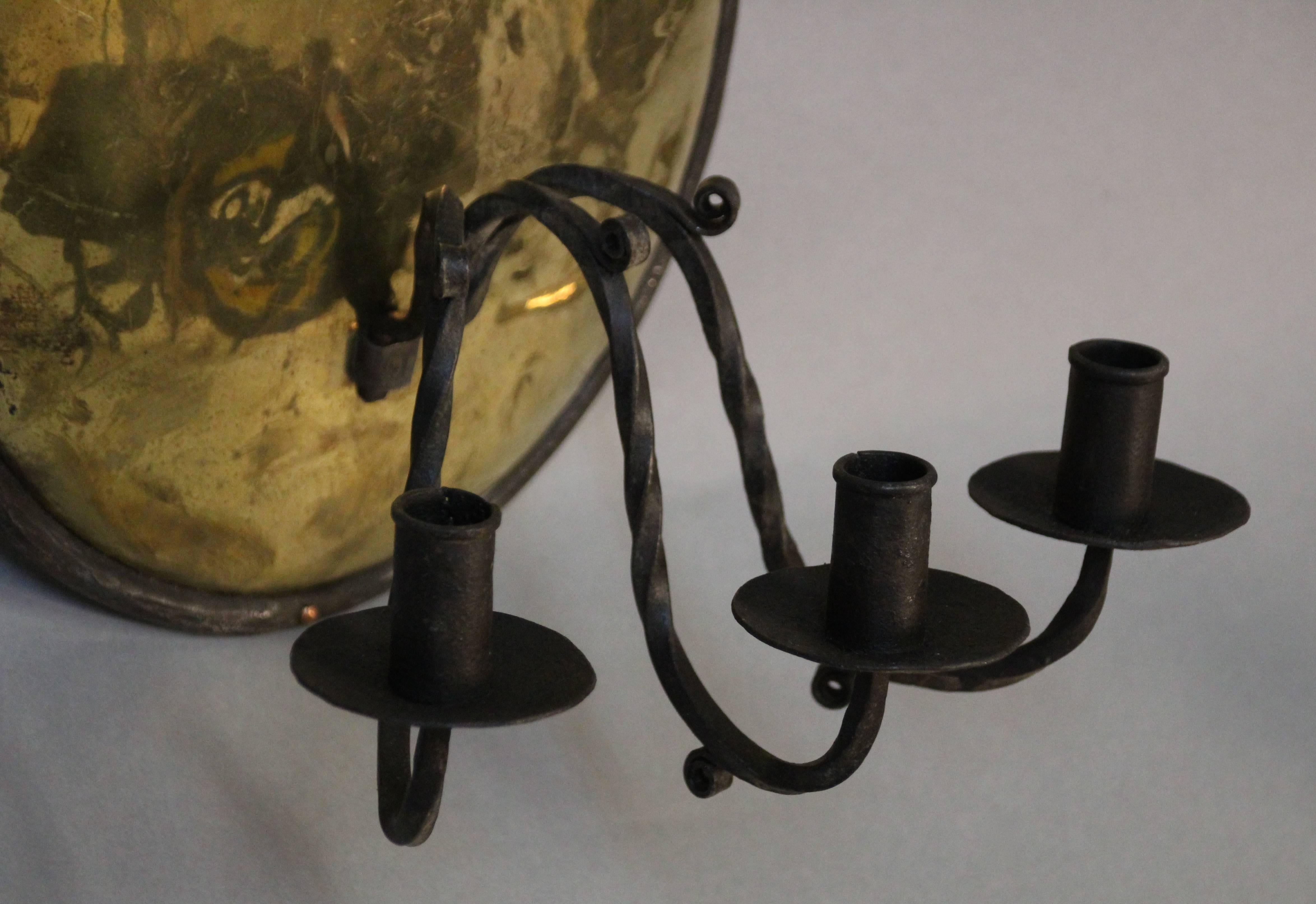 North American Pair of Brass and Wrought Iron Three-Light Candleholders