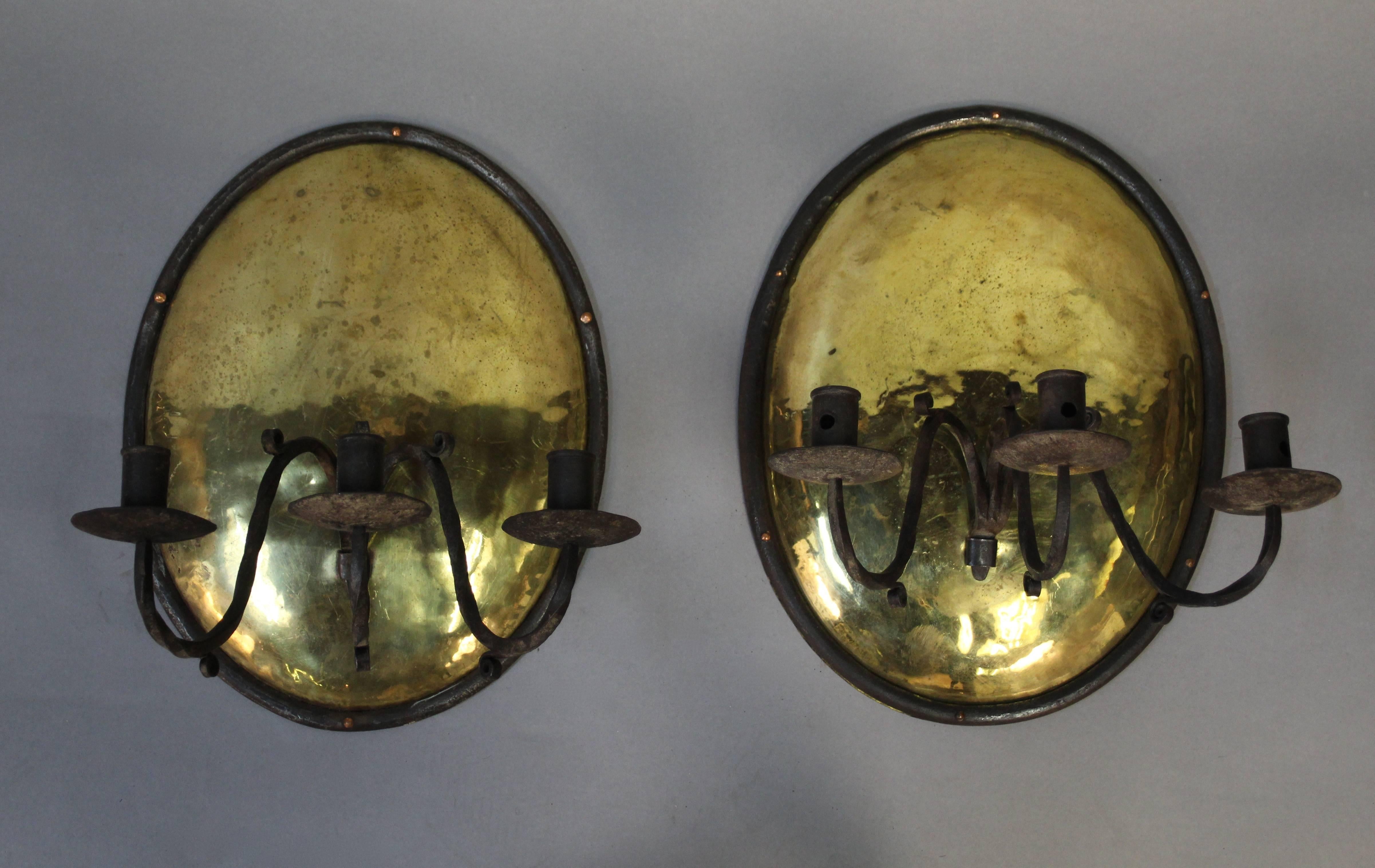Early 20th Century Pair of Brass and Wrought Iron Three-Light Candleholders