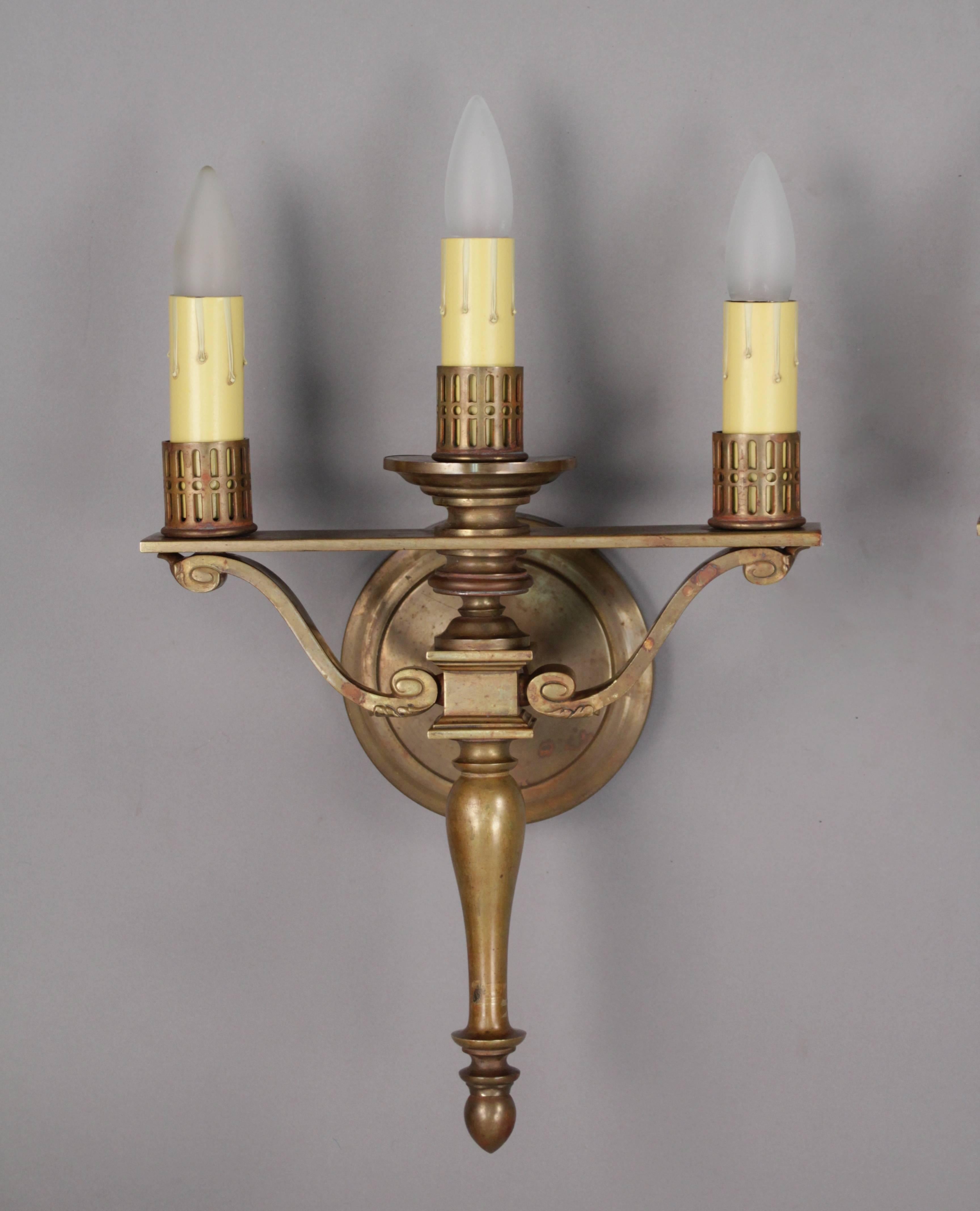 American Pair of 1920s Three-Light Sconces Attributed to the Caldwell Company