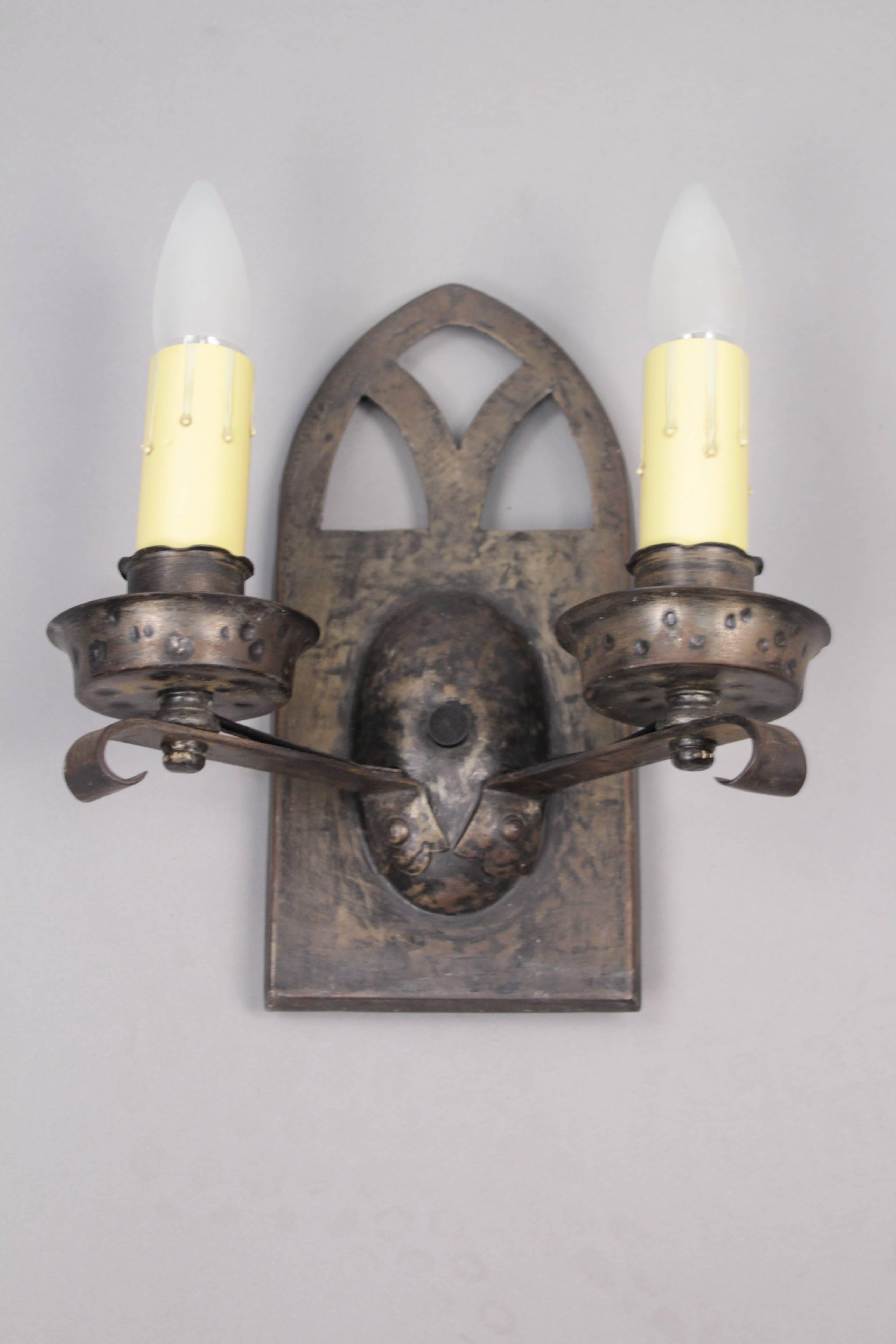 Early 20th Century One of Four Spanish Revival Double Light Sconces with Arched Top