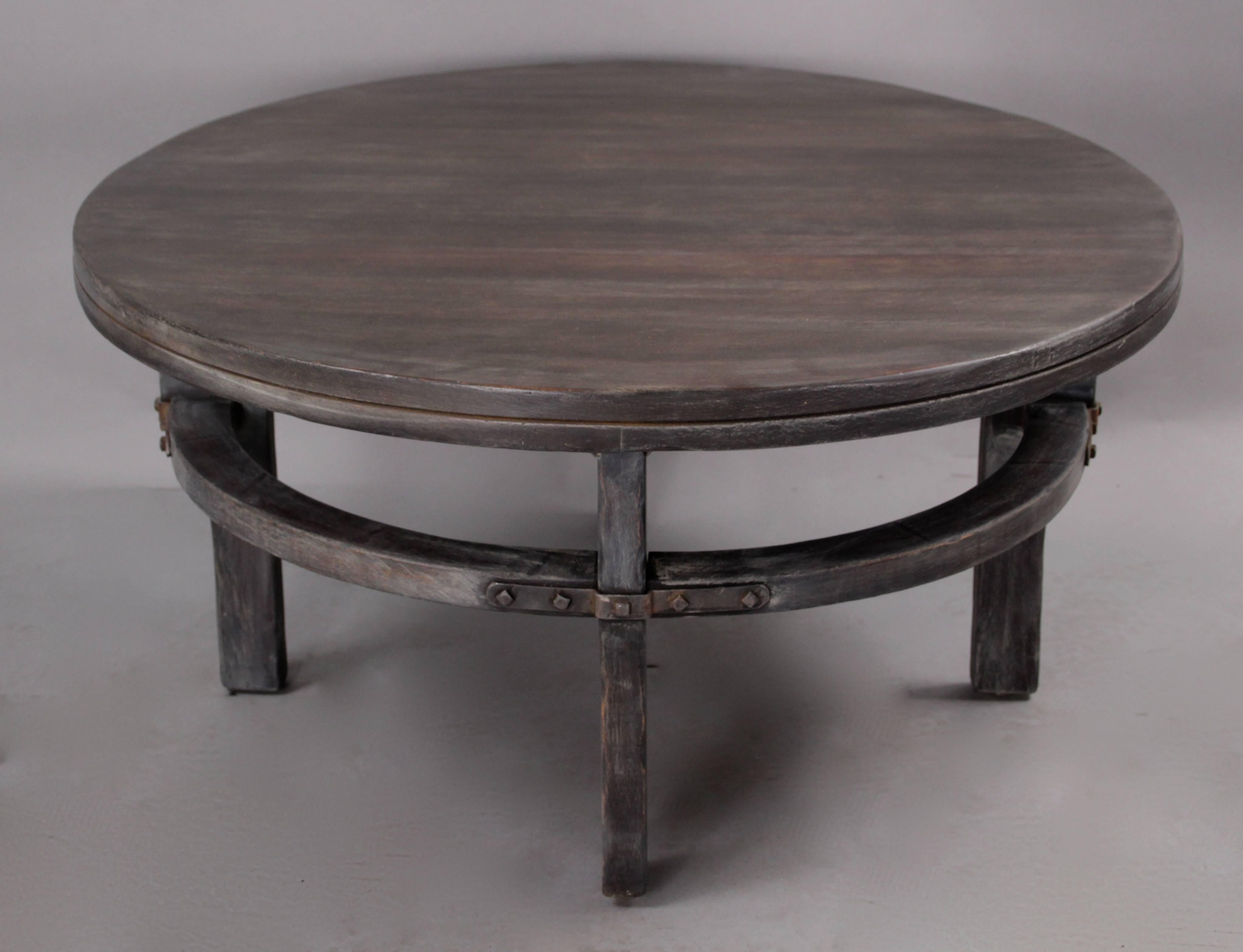 American 1930s Round Monterey Coffee Table with Old Wood Finish