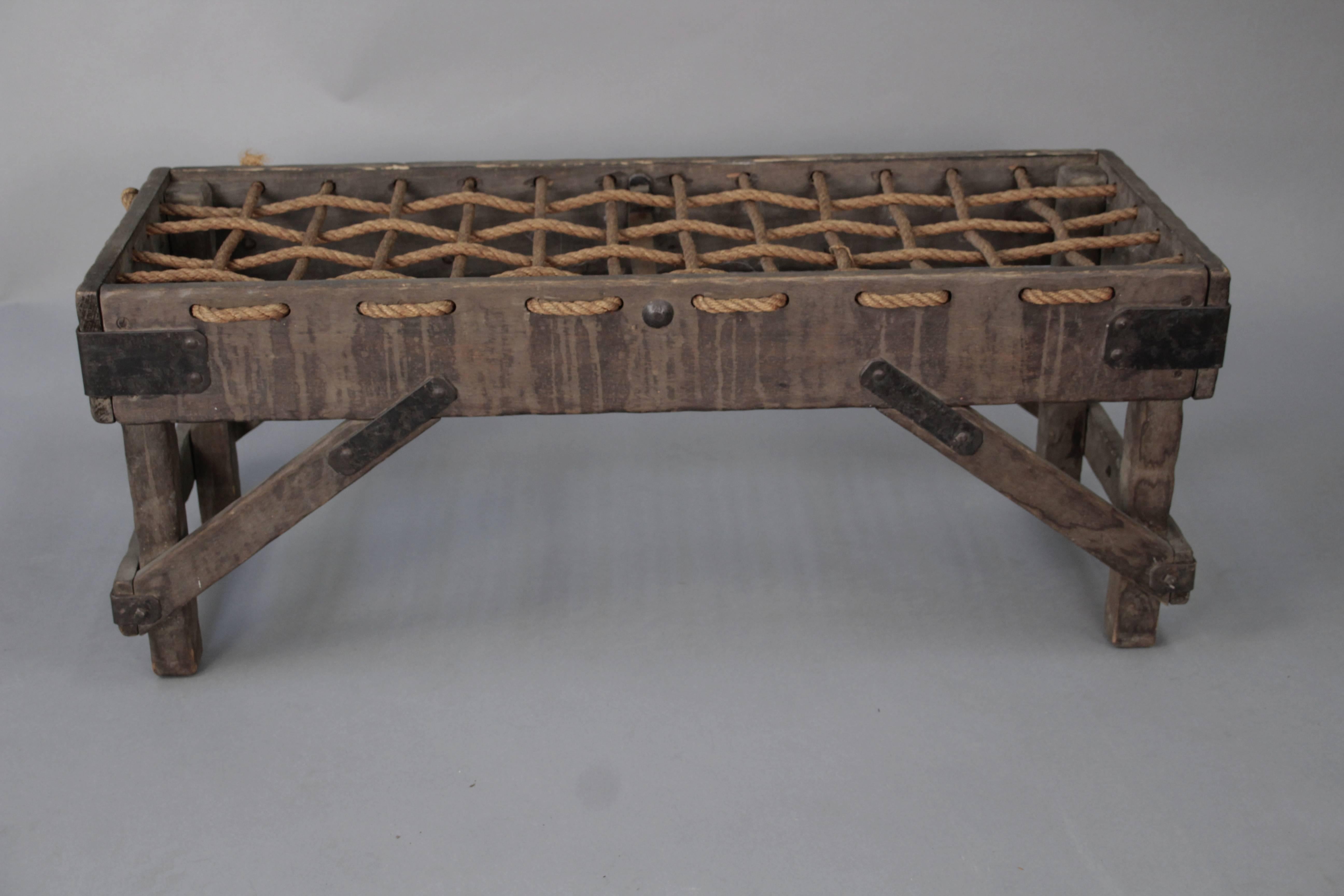 Early 1930s Monterey bench with rope. Original old wood finish with pumice. Signed.