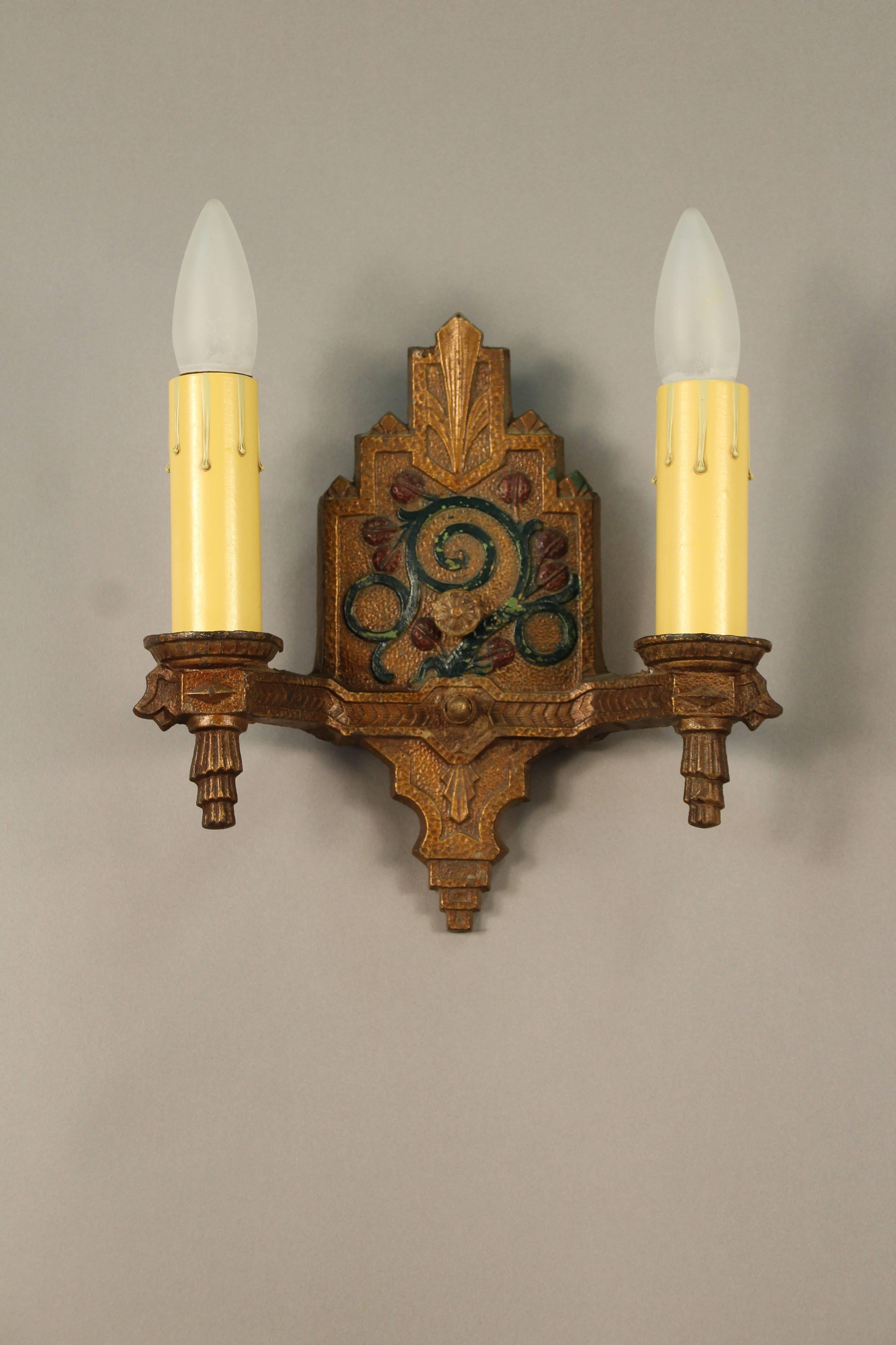 Spanish Colonial Pair of Double Polychrome Sconces with Floral Motif