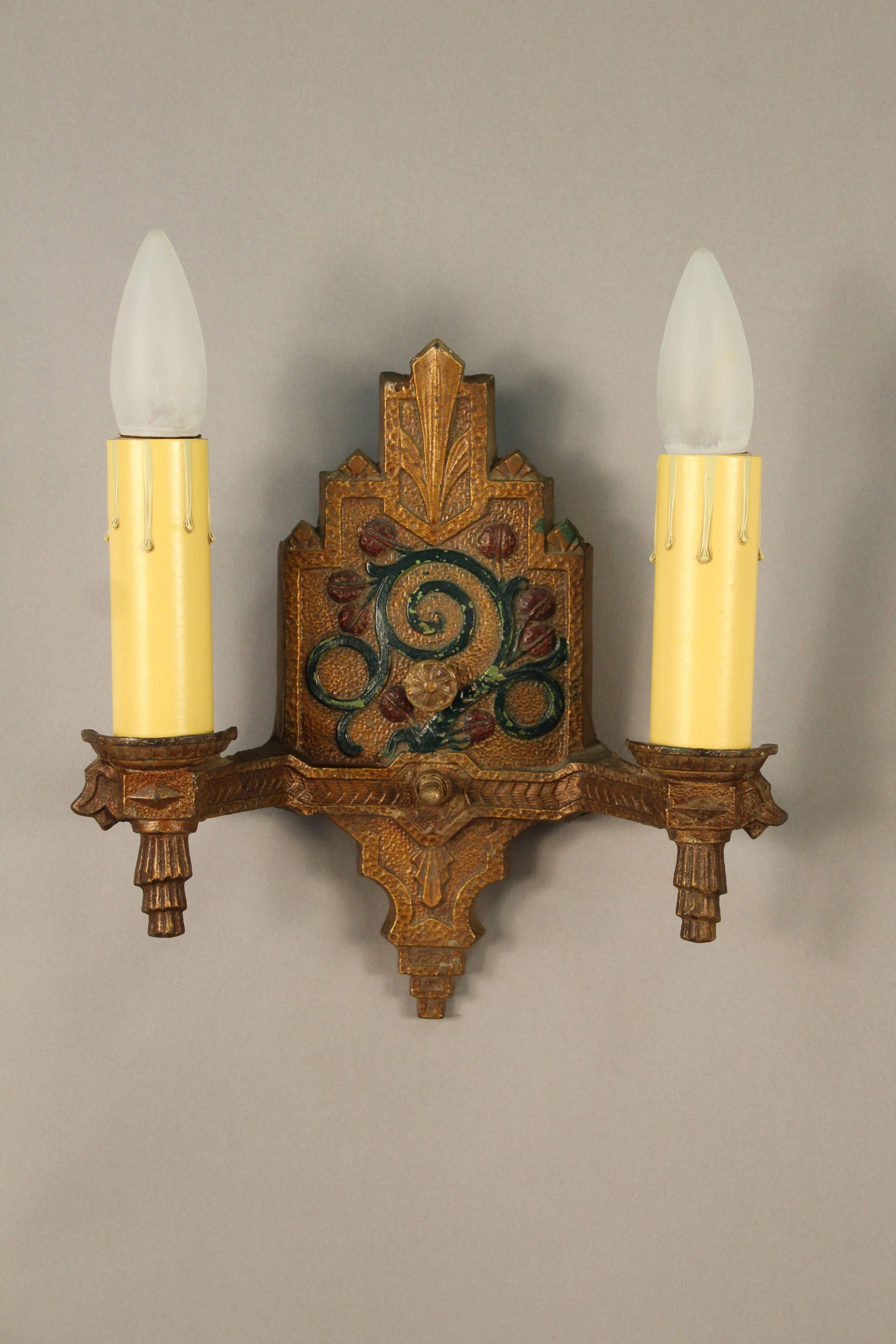 American Pair of Double Polychrome Sconces with Floral Motif