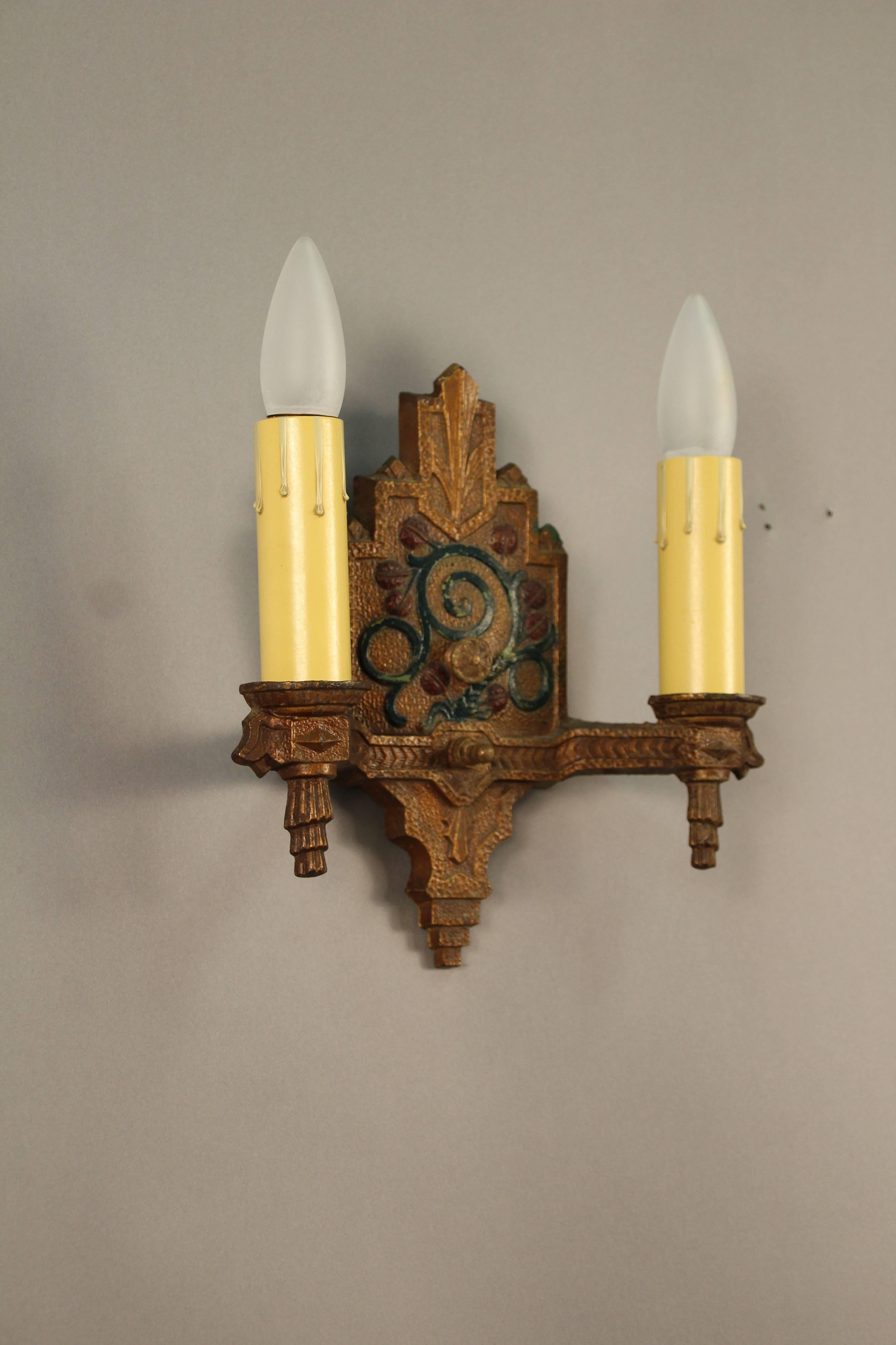 Pair of Double Polychrome Sconces with Floral Motif In Good Condition In Pasadena, CA