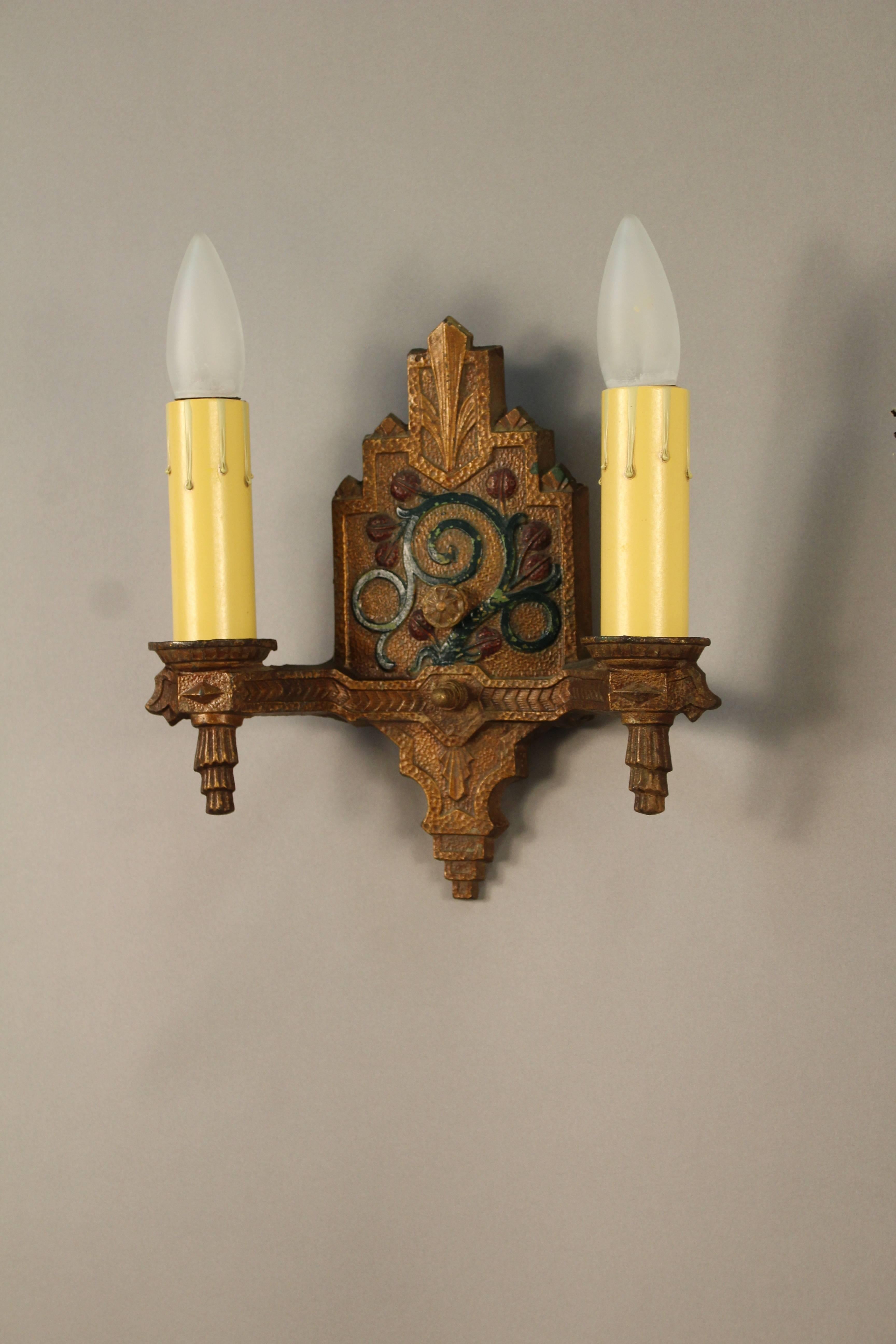 Early 20th Century Pair of Double Polychrome Sconces with Floral Motif