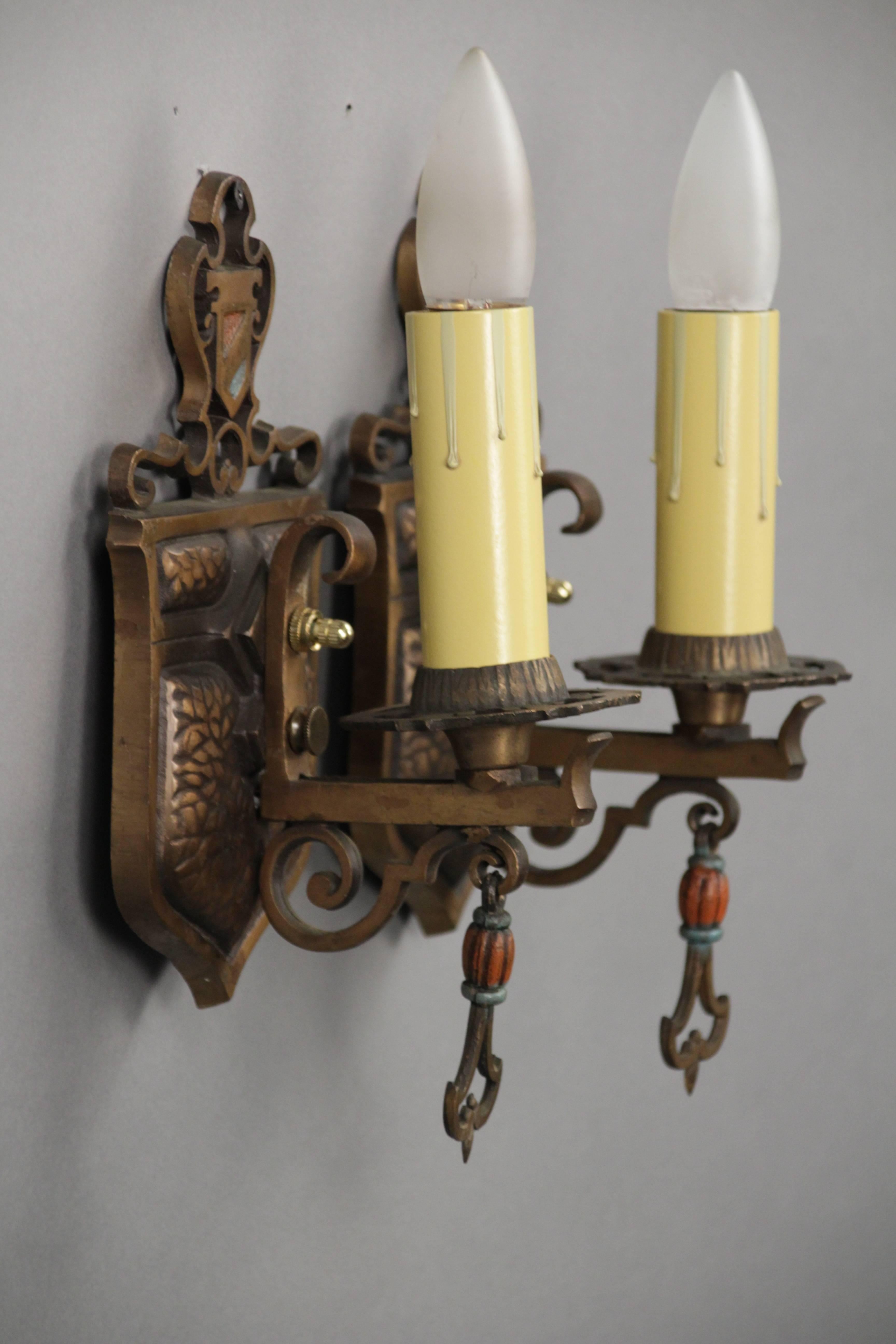 1 of 6 Single Bronze Sconce with Original Polychrome Finish In Good Condition In Pasadena, CA