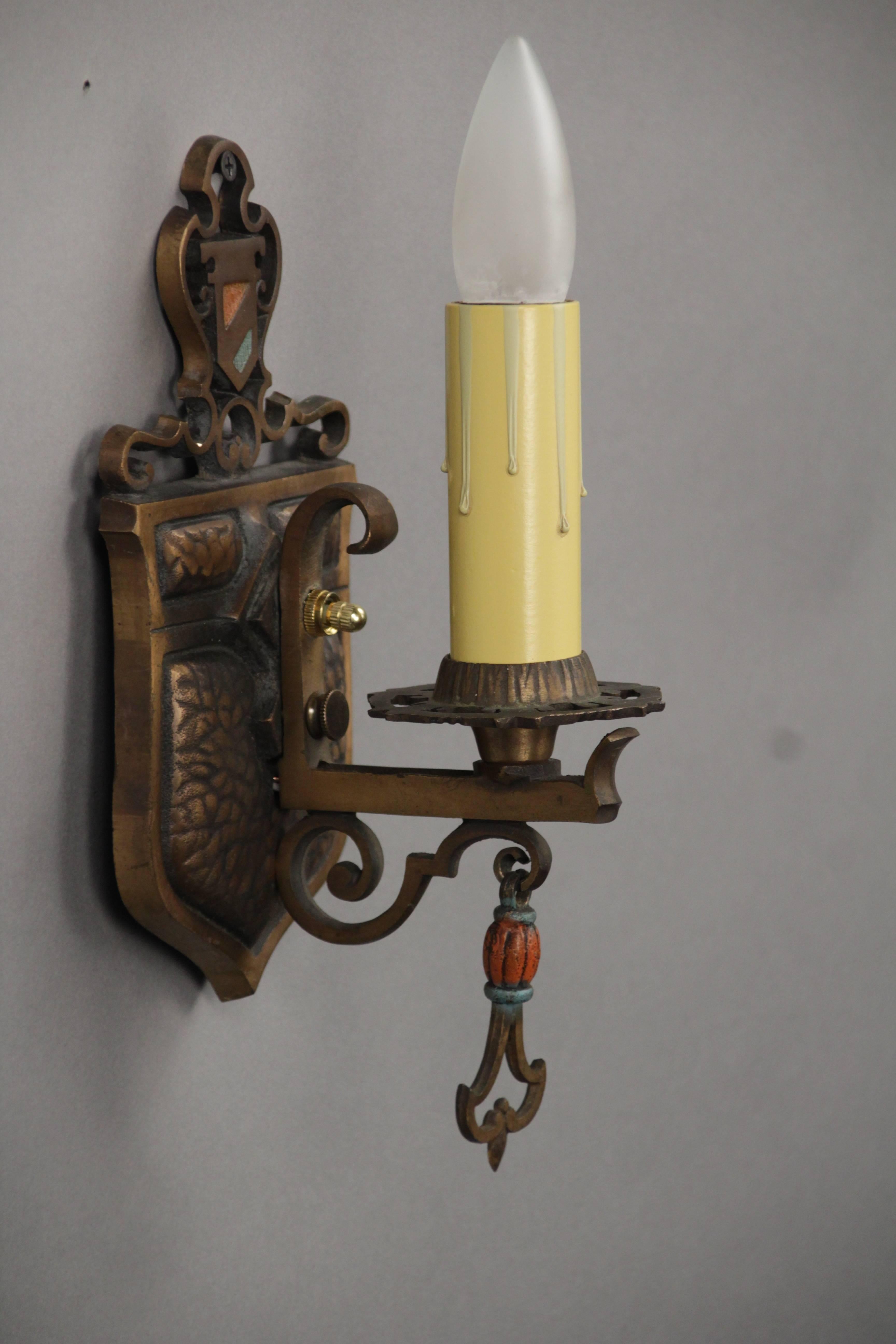 Early 20th Century 1 of 6 Single Bronze Sconce with Original Polychrome Finish