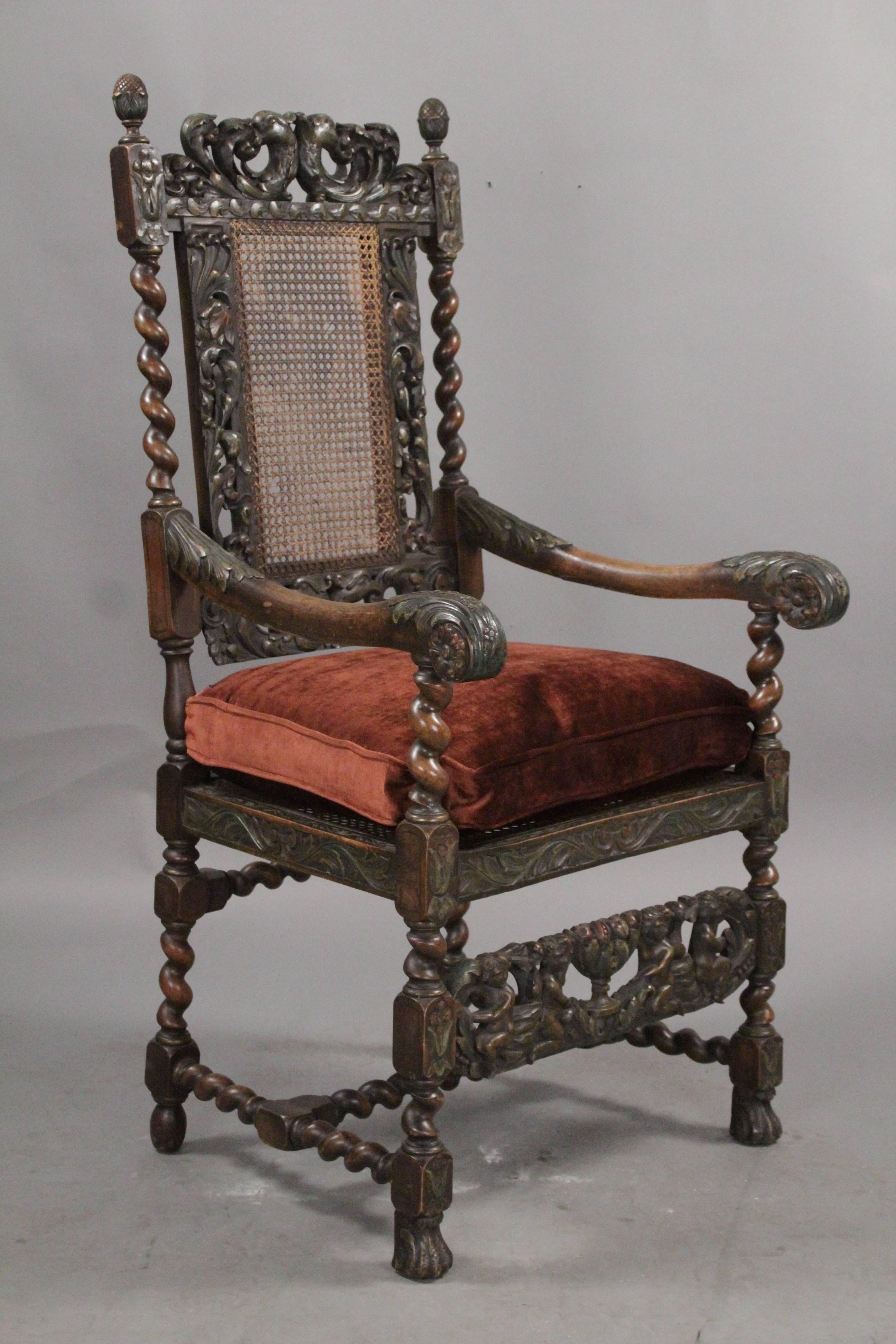 Spanish Colonial Early 1900s Carved Spanish Revival Chair with Velvet Upholstery