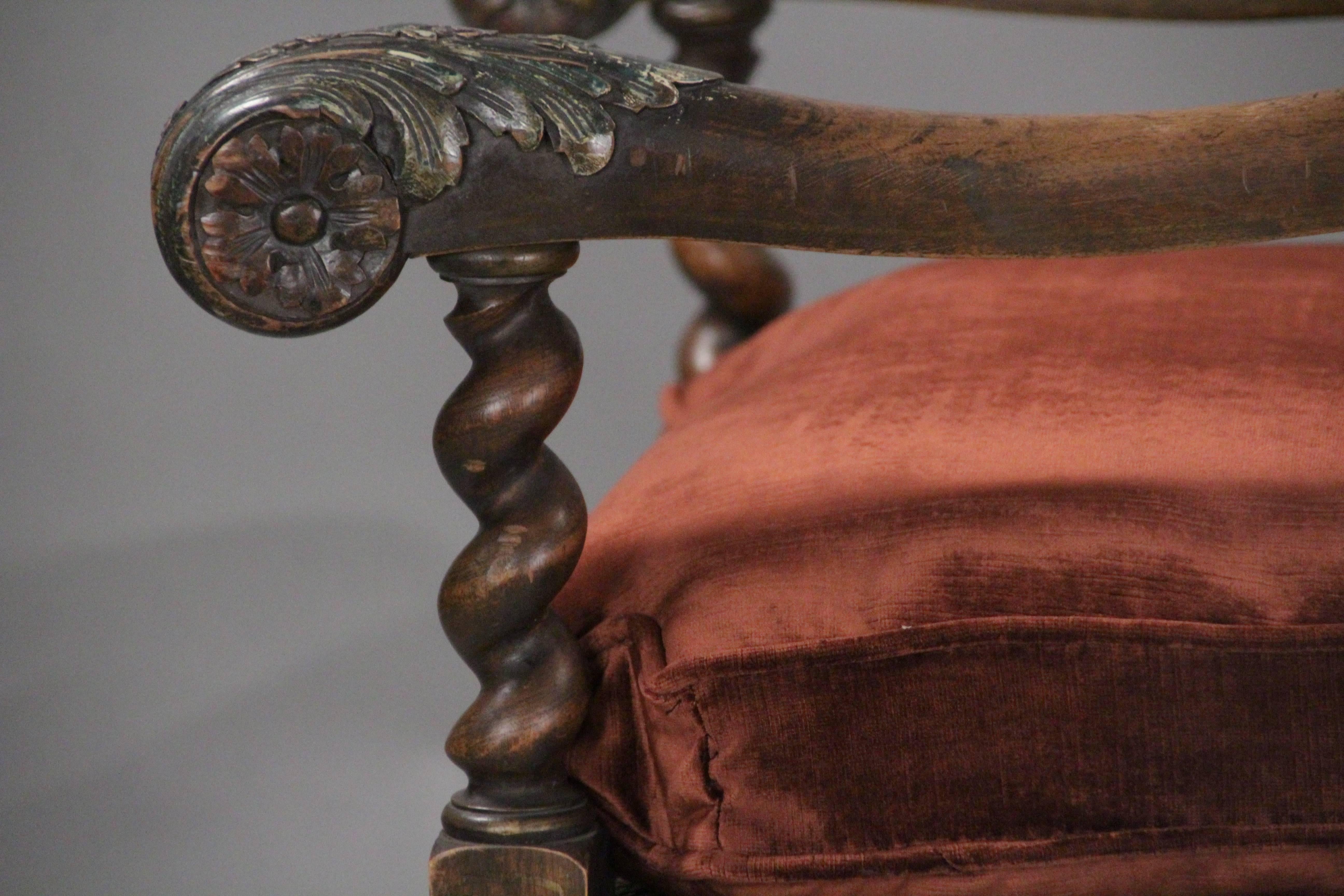 Early 1900s Carved Spanish Revival Chair with Velvet Upholstery 1