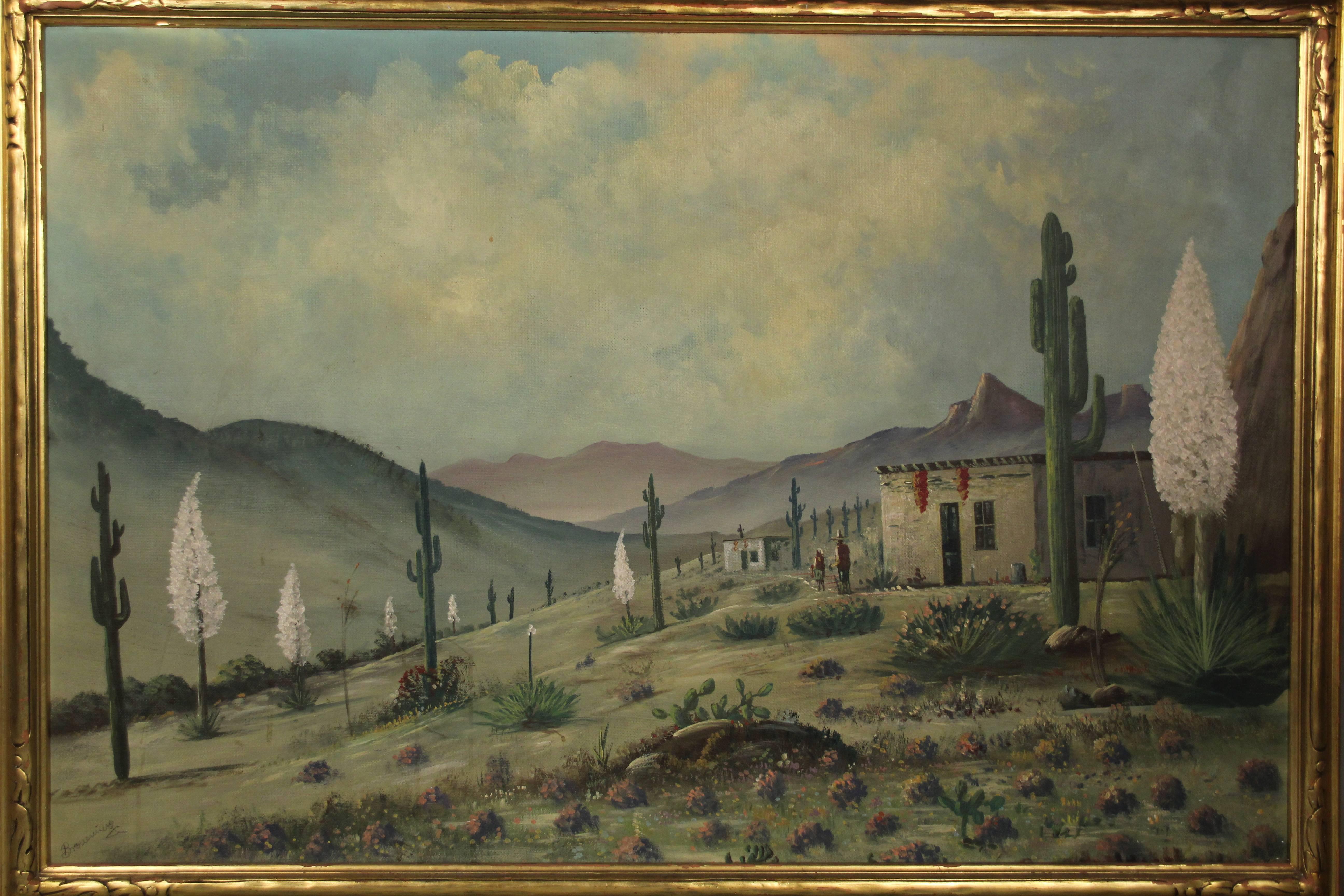 Oil painting. Folk Art painting of yuccas and cactus hillside in carved wood frame, circa 1930s.
