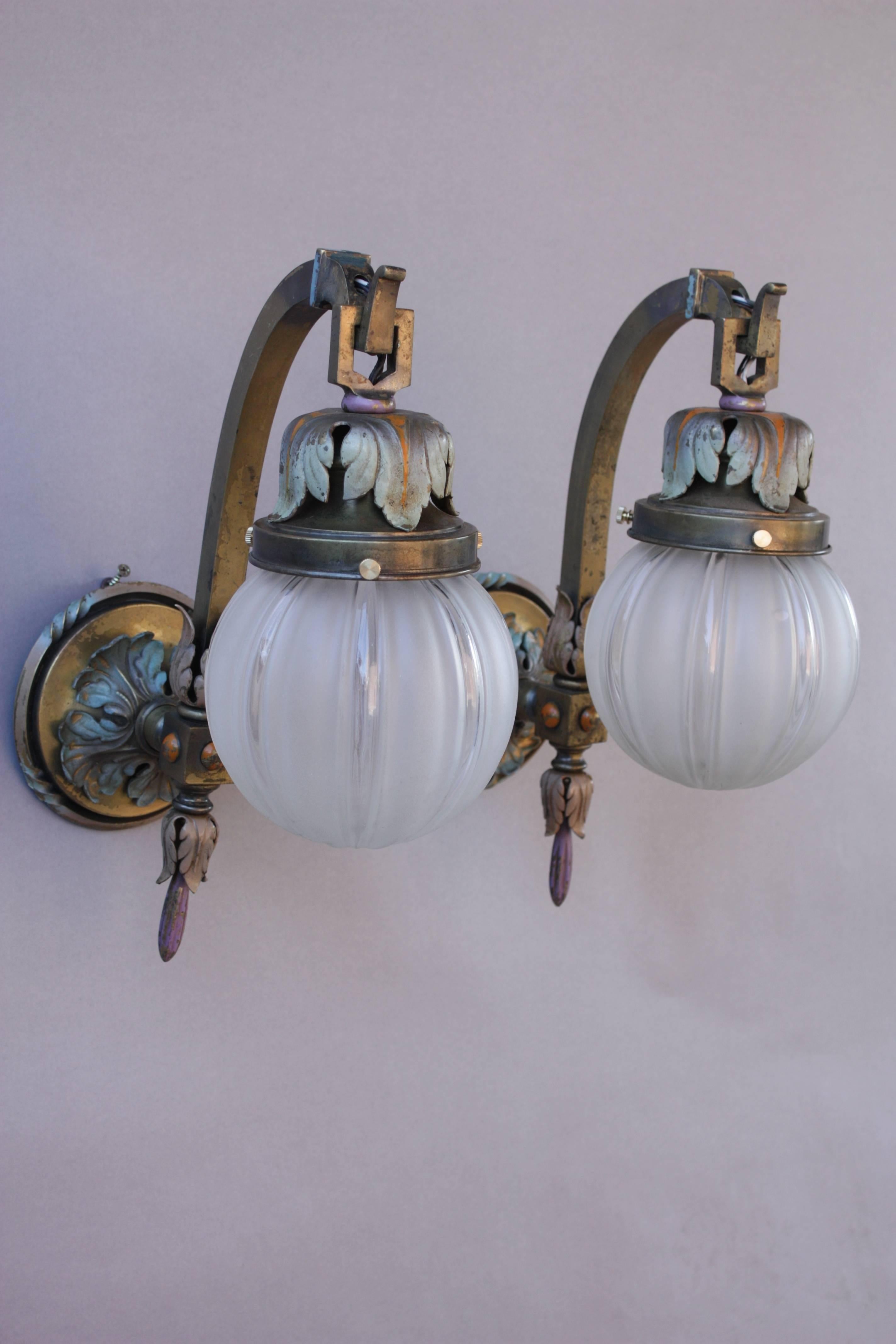 Early 20th Century Pair of Outstanding Polychrome 1920s Sconces For Sale