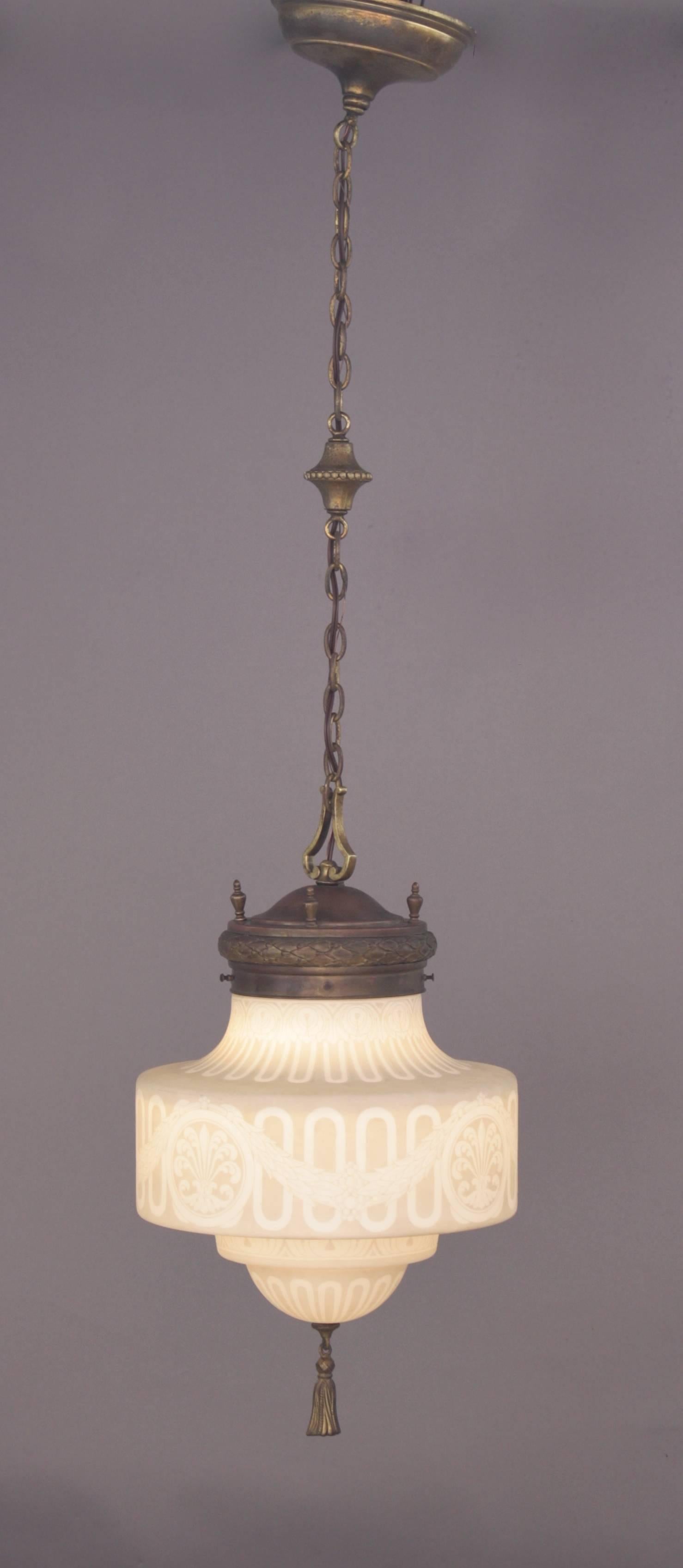  Circa 1920's Pendant with etched glass globe. Greek revival in style.
H 24