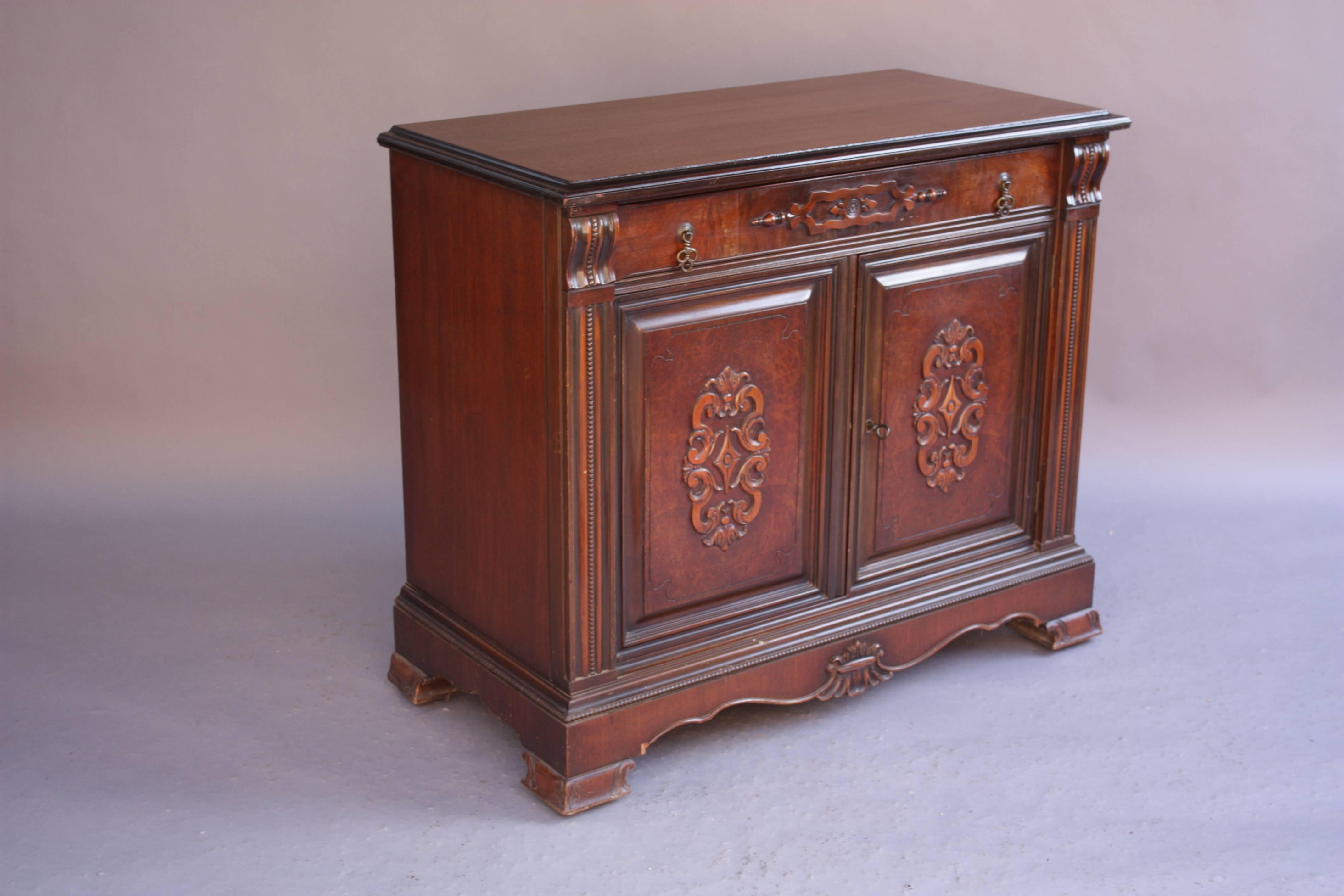 Spanish Colonial Antique 1920s Smaller Scale Walnut Spanish Sideboard Cabinet