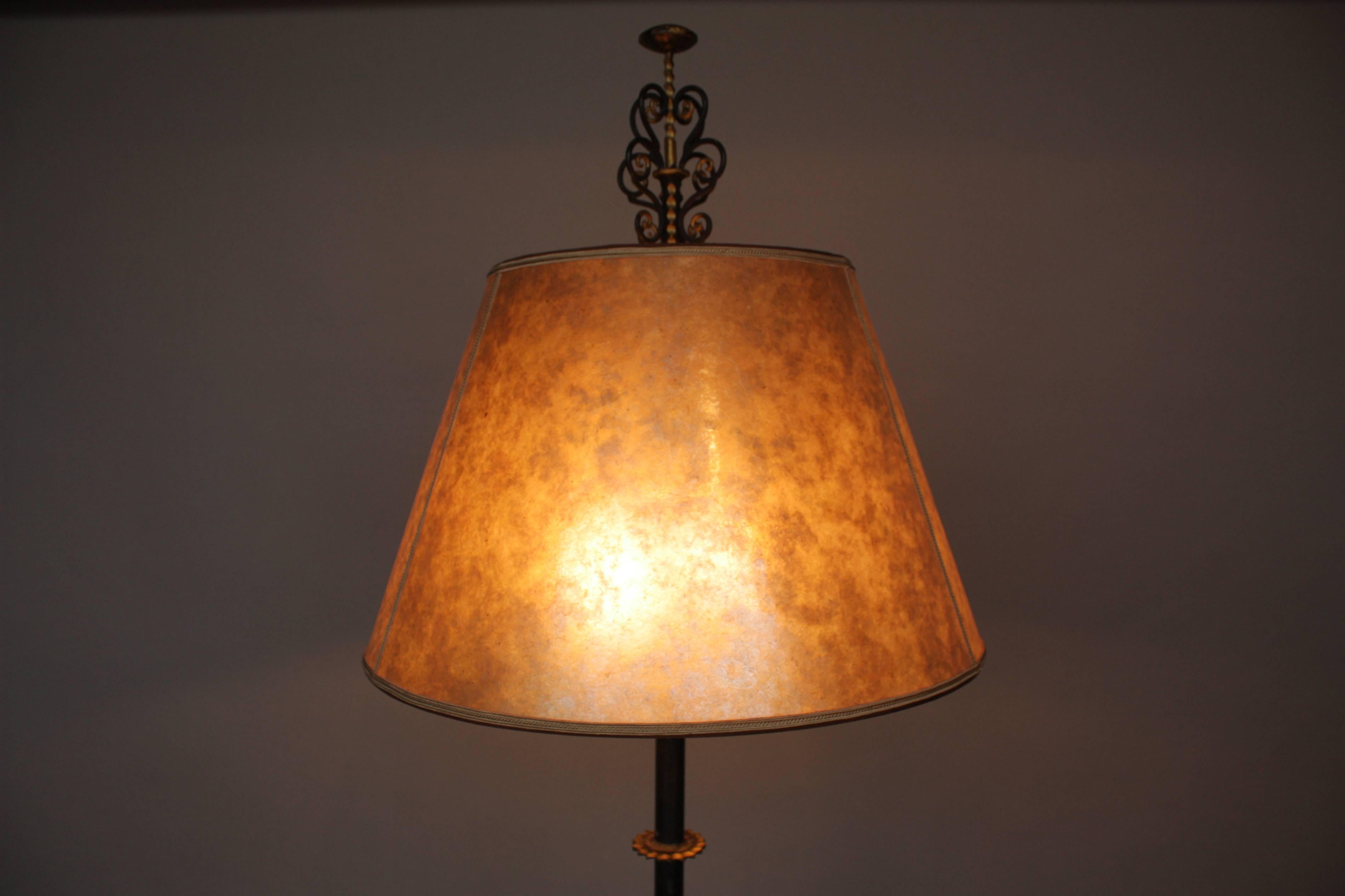 Elegant tall wrought iron floor lamp. New Mica shade. 