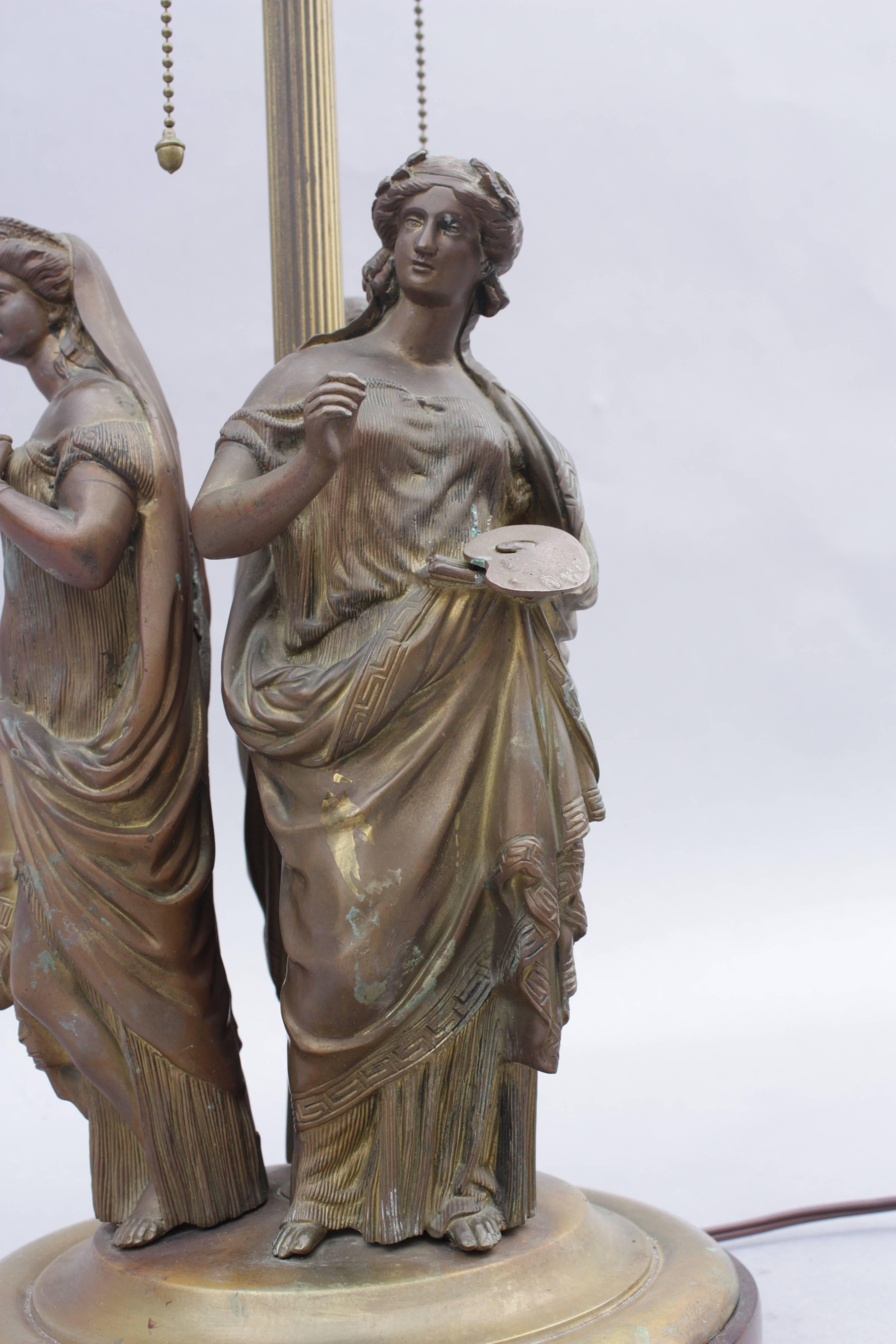 Exquisitely cast bronze lamp depicting three muses. Recently rewired. New mica shade.