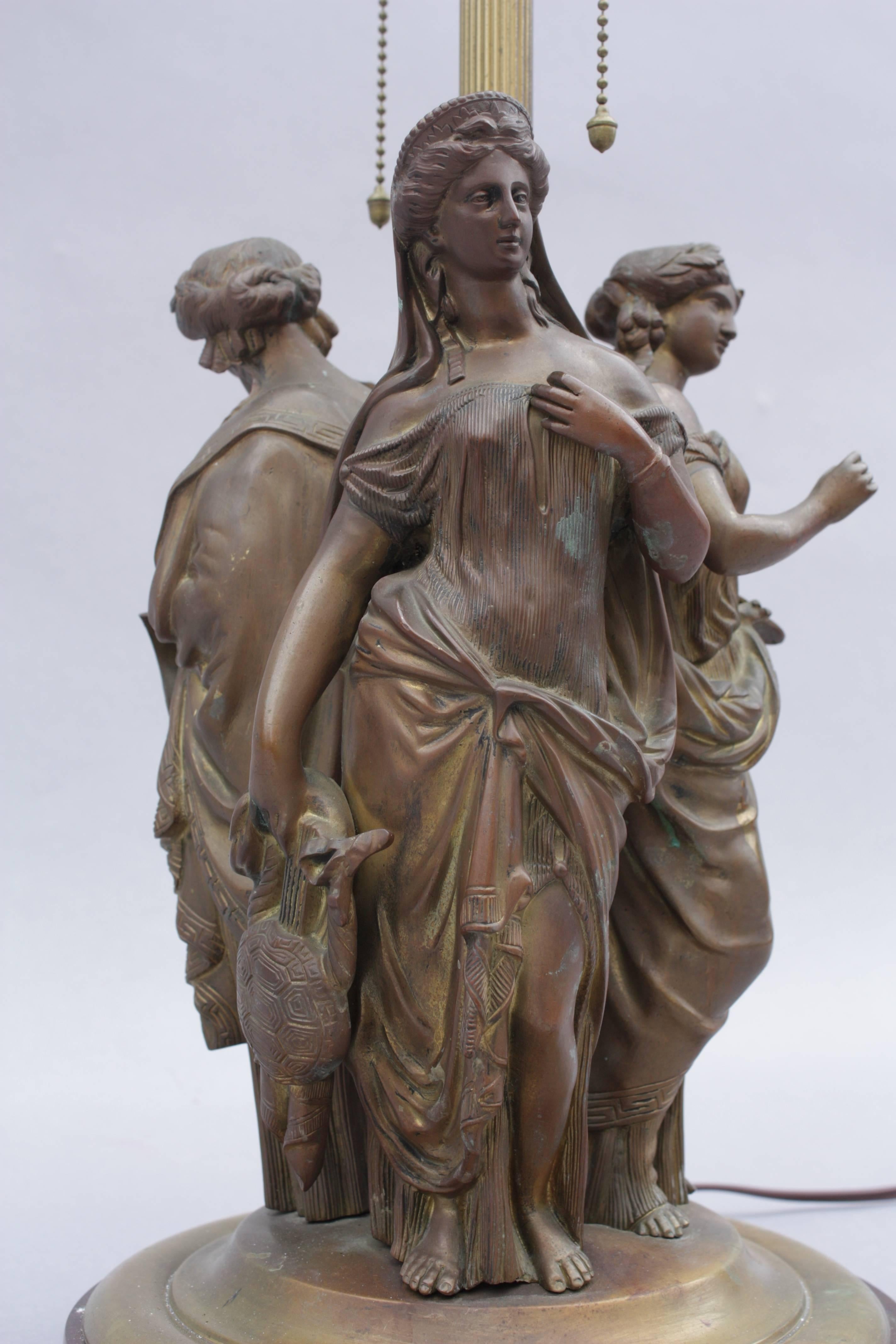 Greek Revival Early 20th Century Bronze Table Lamp with Three Muses