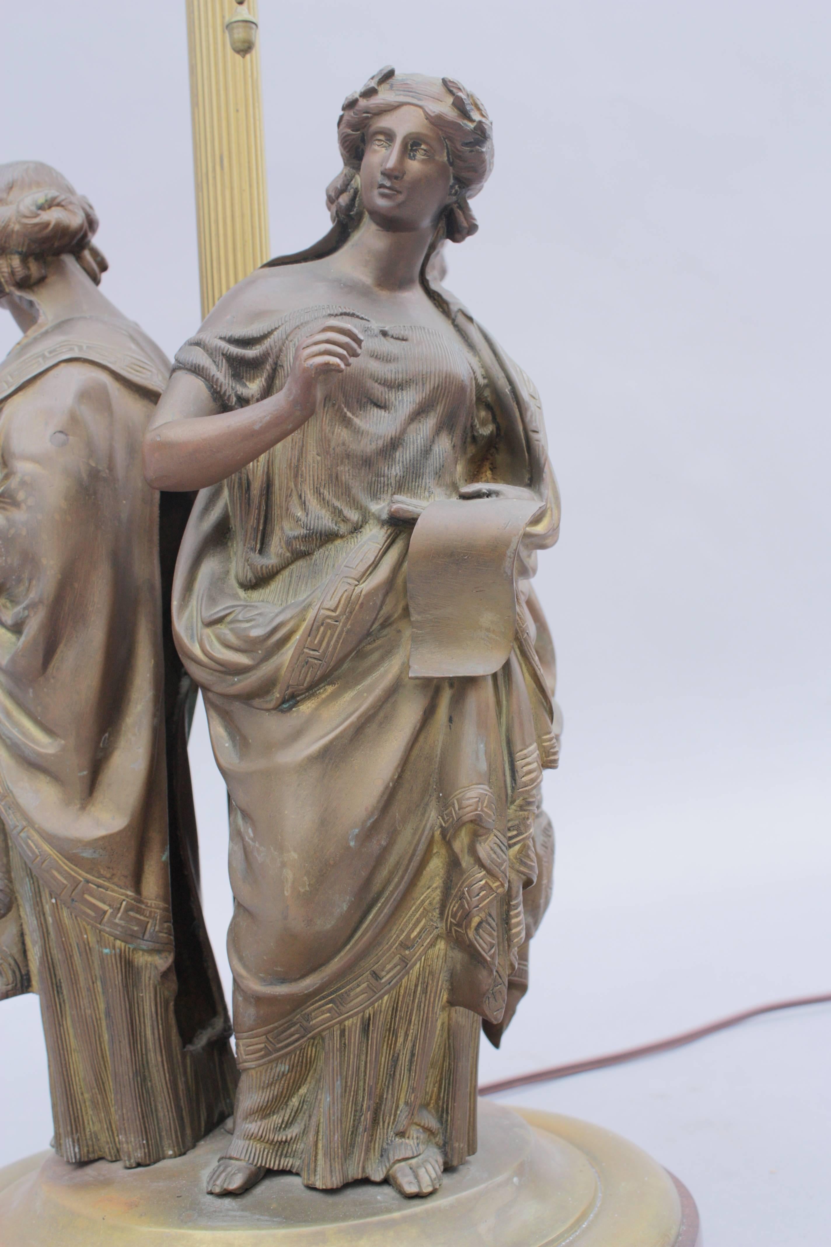 Cast Early 20th Century Bronze Table Lamp with Three Muses