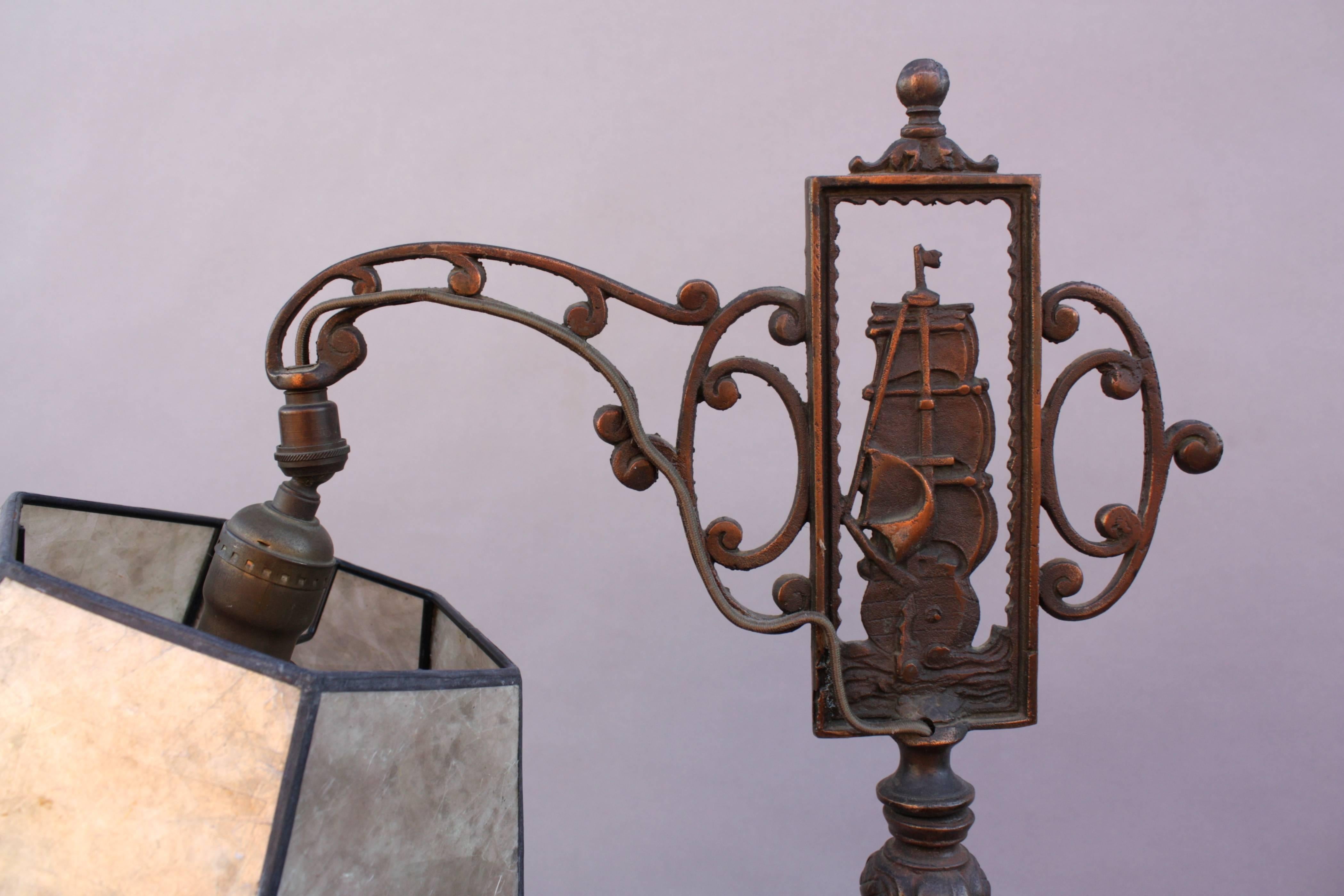 Spanish Colonial 1920s Floor Lamp with Galleon Motif and New Mica Shade