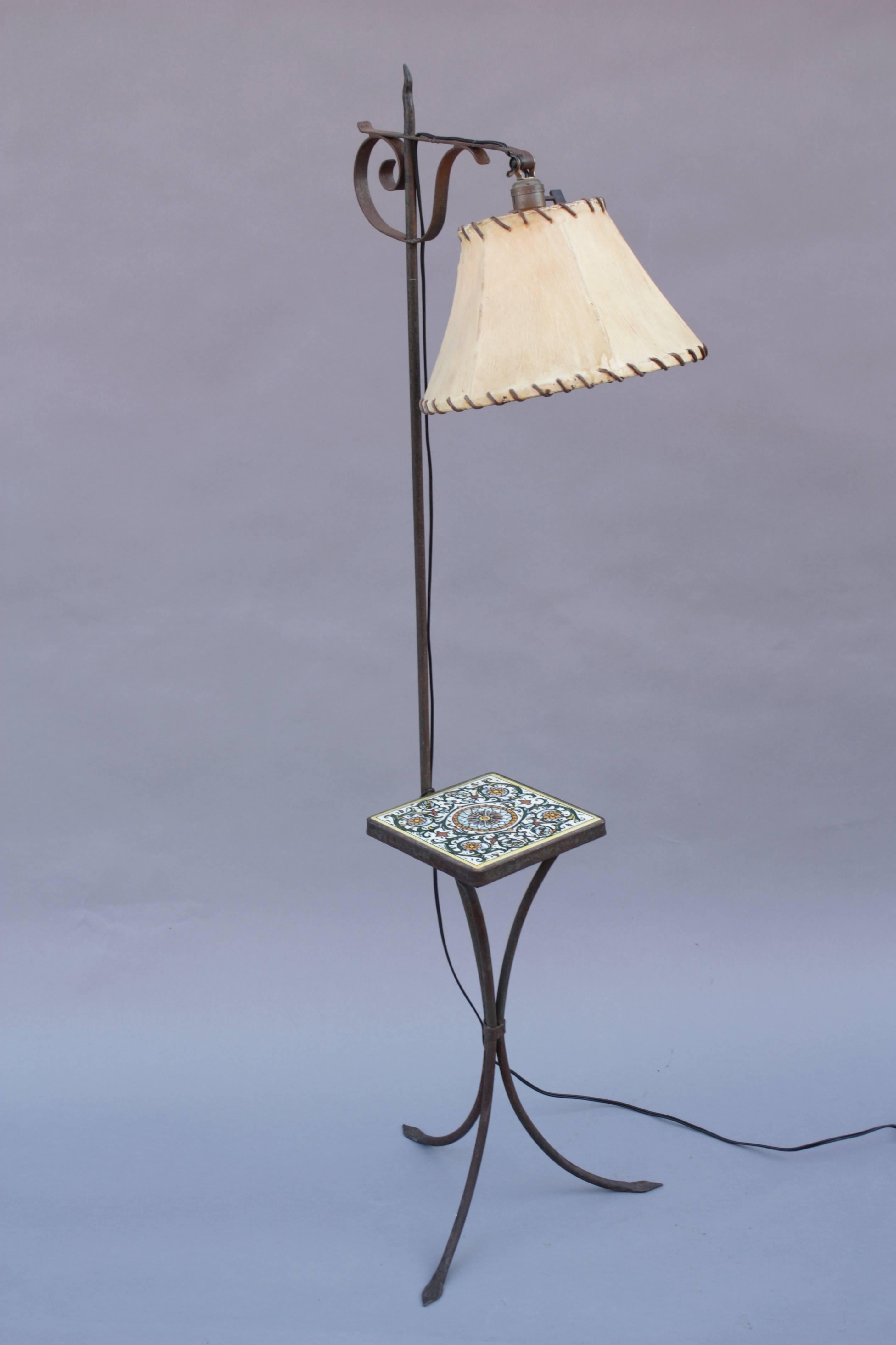 Wrought Iron Floor Lamp with Tile Table California Monterey Period In Good Condition In Pasadena, CA