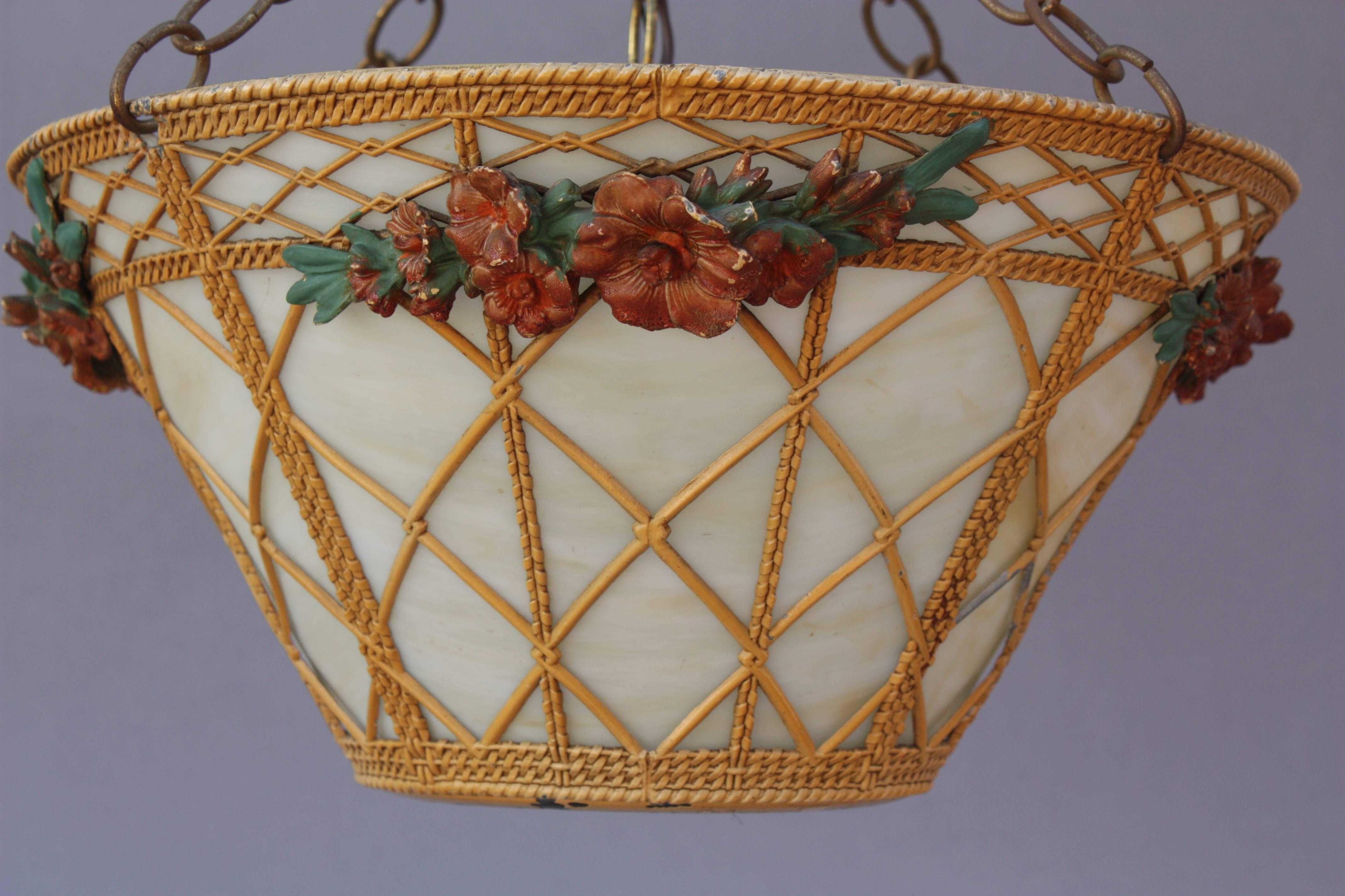 American 1930s Unusual Slag Glass Flower Basket Pendant