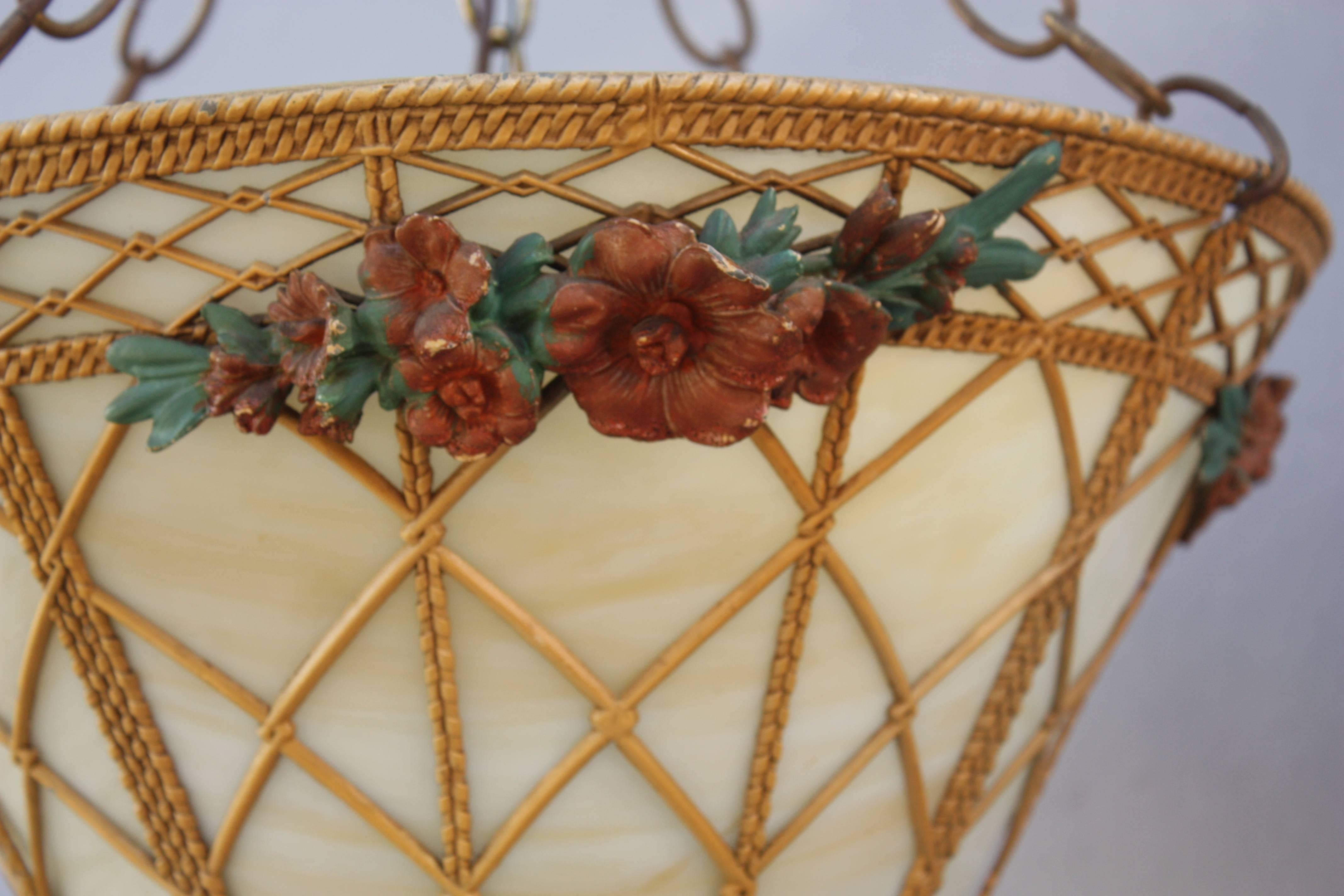 1930s Unusual Slag Glass Flower Basket Pendant In Good Condition In Pasadena, CA