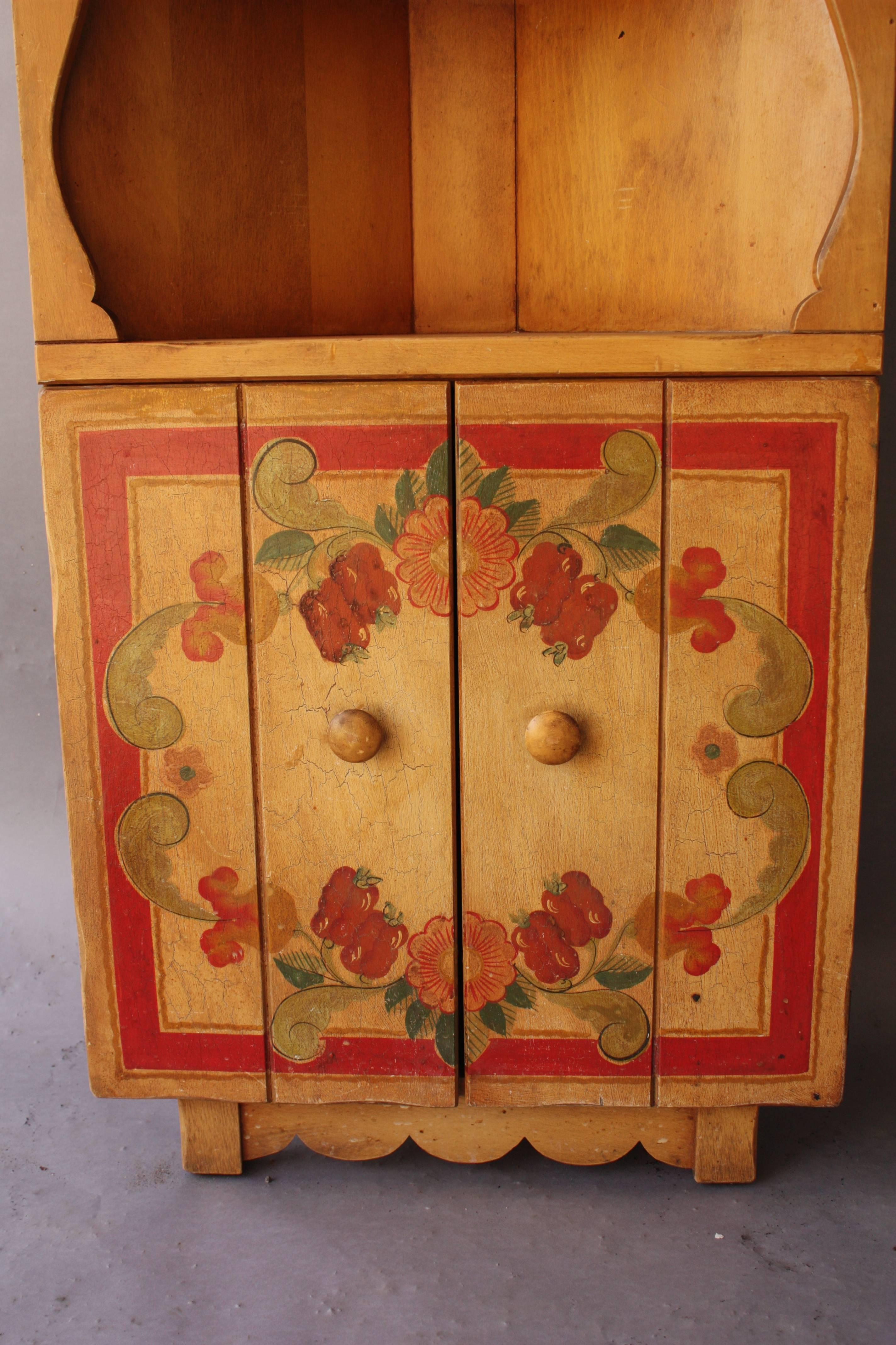 Monterey period corner hutch cabinet with original hand-painted floral decor.