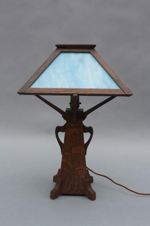 Arts Crafts Period Oak And Slag Glass Lamp
