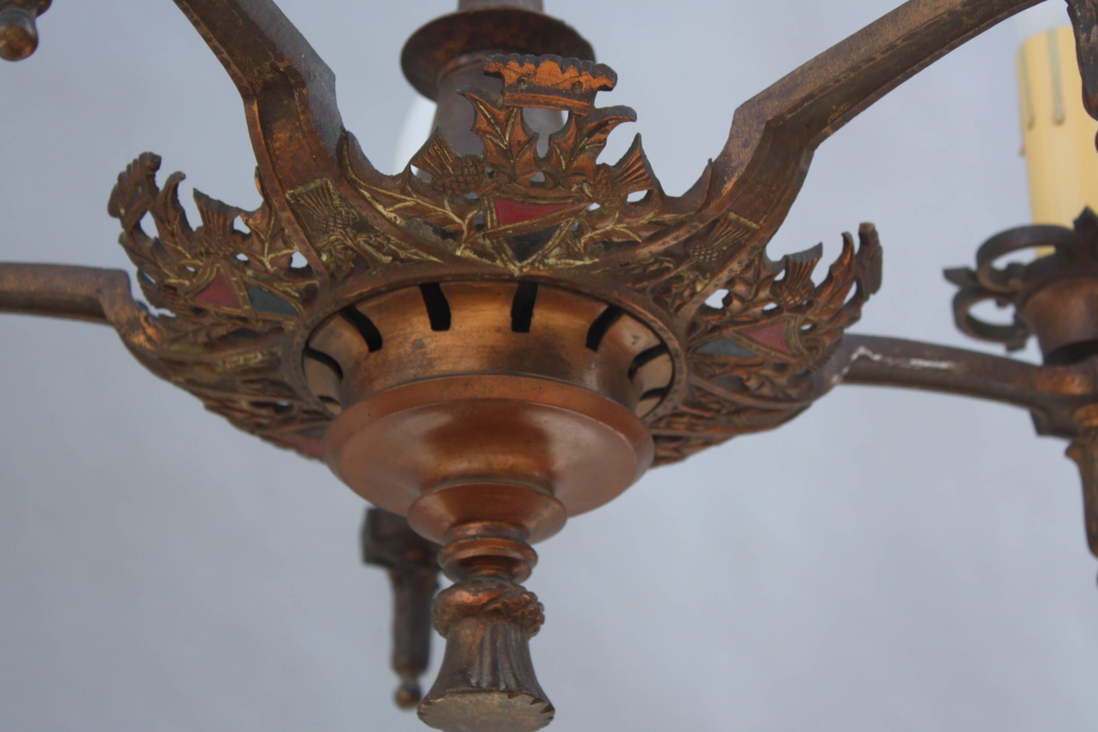 Tudor Antique 1920s Five-Light Chandelier with Crest Motif For Sale