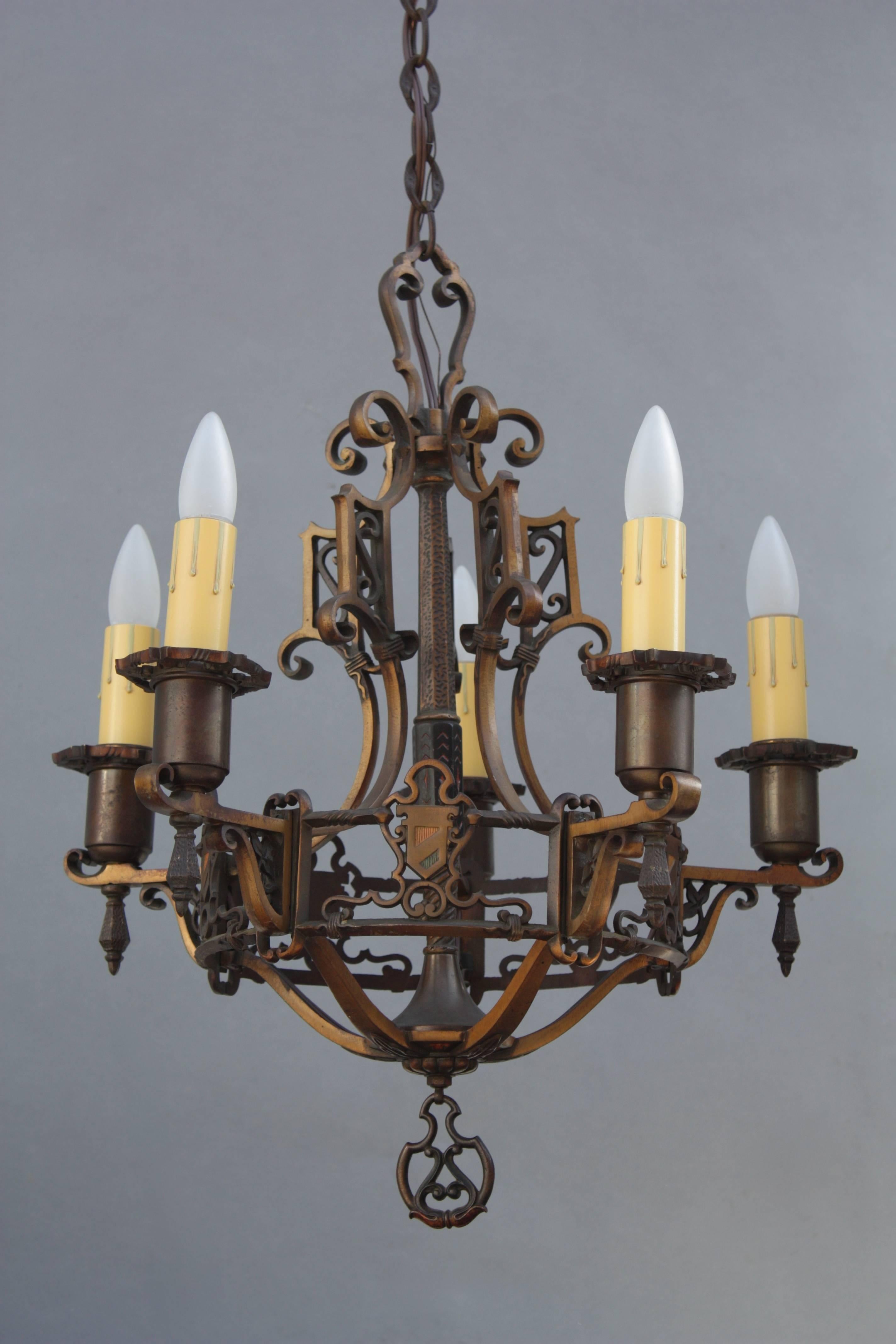 Polychrome bronze chandelier, circa 1920s. Measures: 23.25