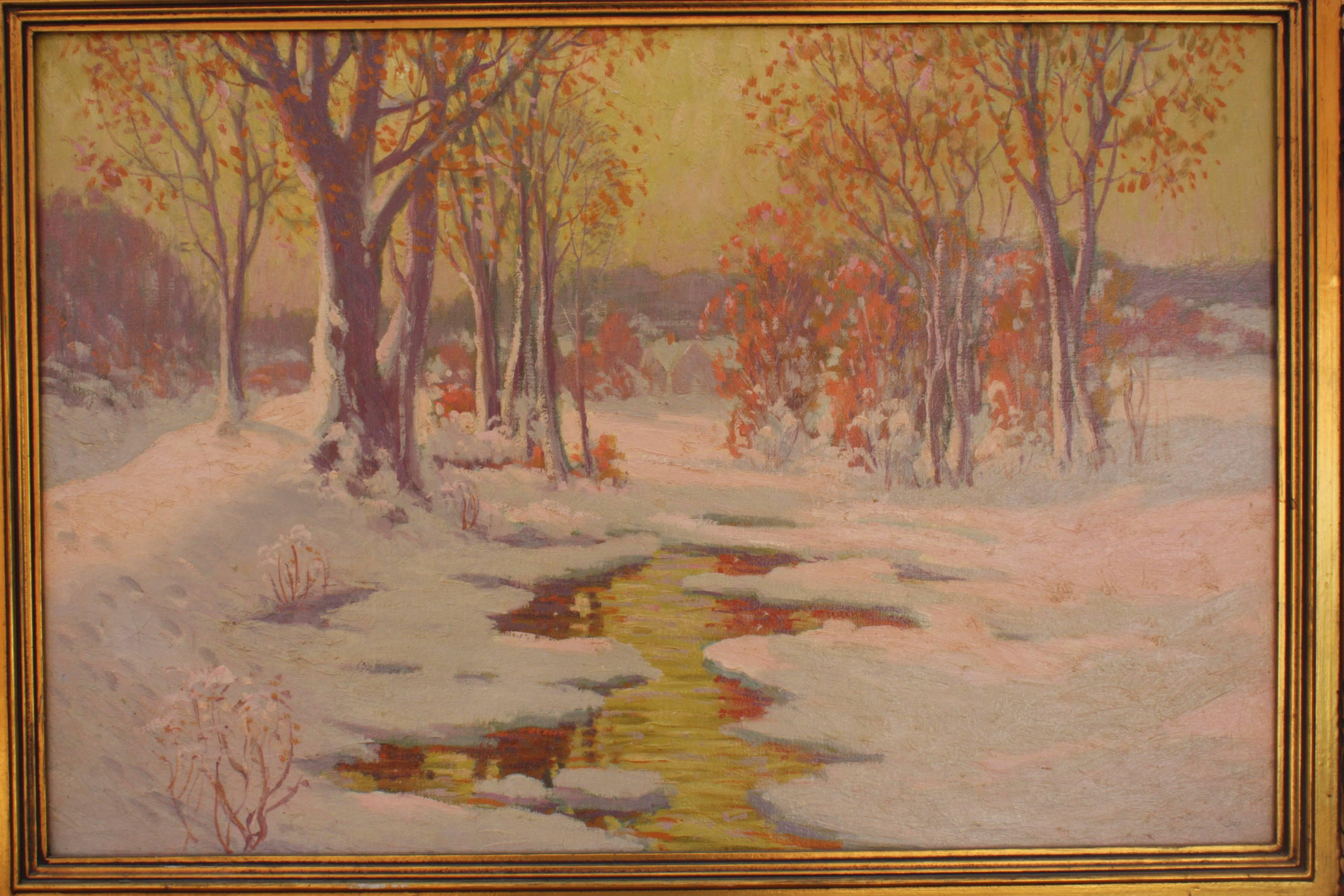 Attractive turn of the century snowscape in gilt frame. Unsigned painting on canvas. Painting was relined at one point. Canvas size is 20.25 T x 29.75 W 25