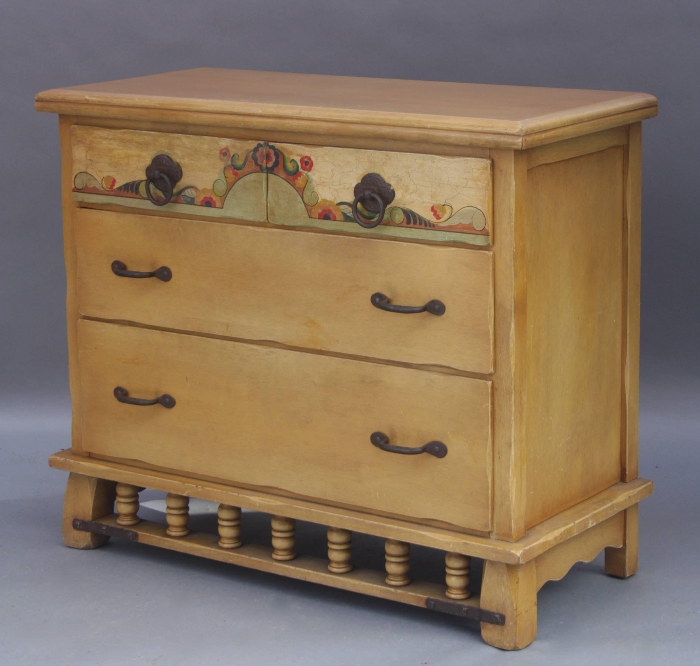 Signed Monterey dresser, circa 1930. Hand-painted decorations and iron hardware.