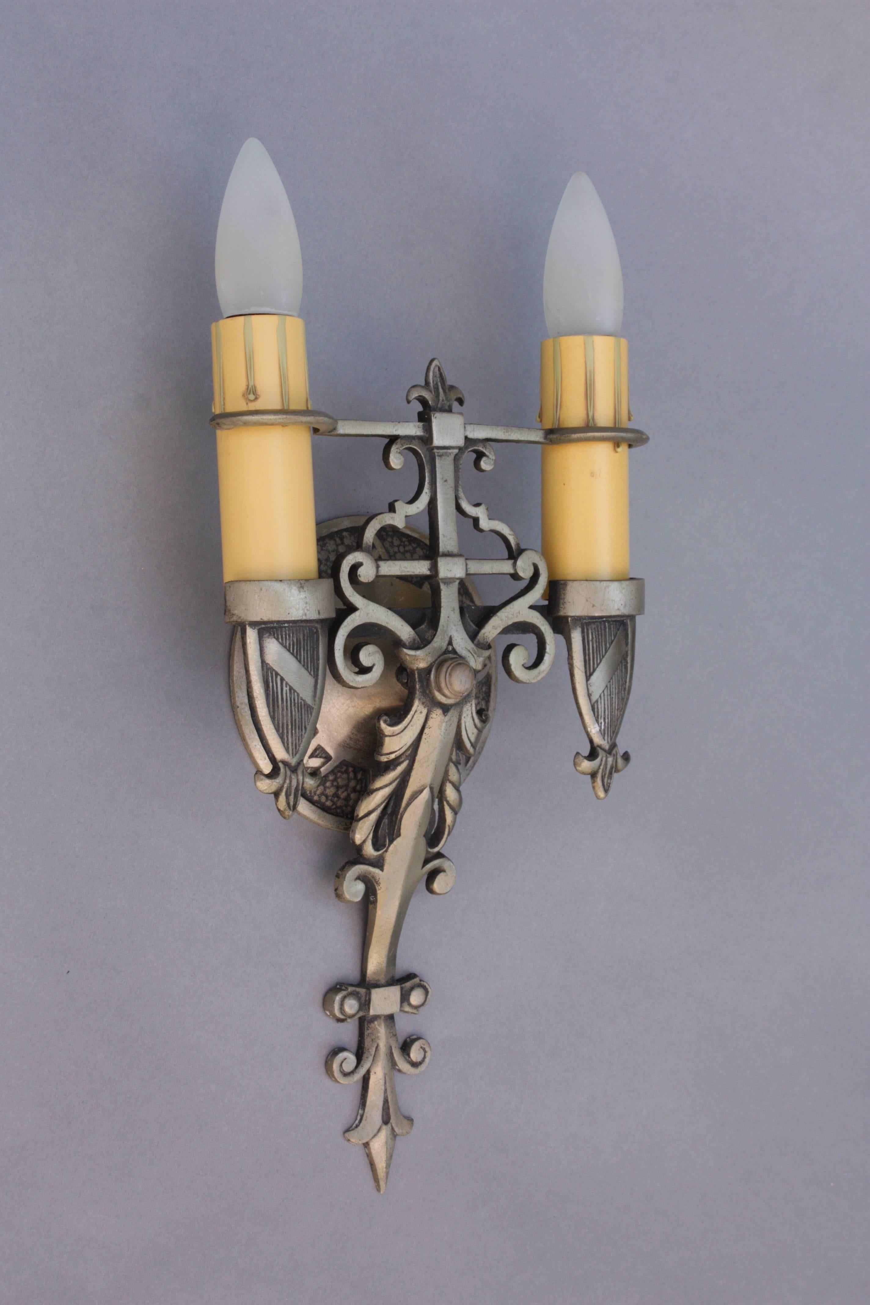 Spanish Colonial Pair of 1920s Spanish Revival Sconces with Pewter Finish