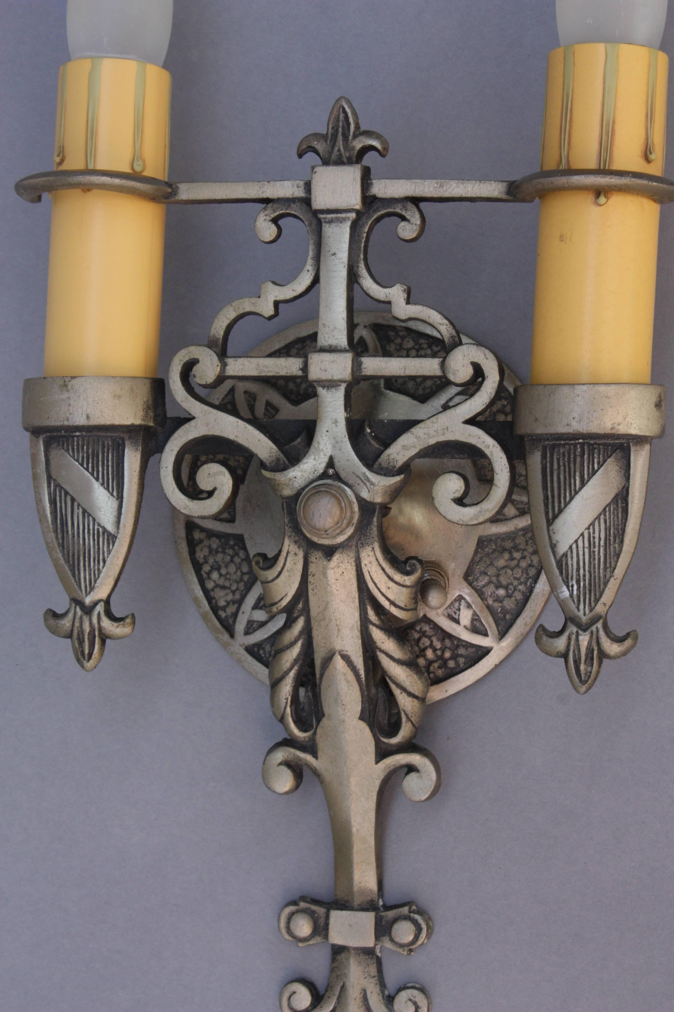 American Pair of 1920s Spanish Revival Sconces with Pewter Finish