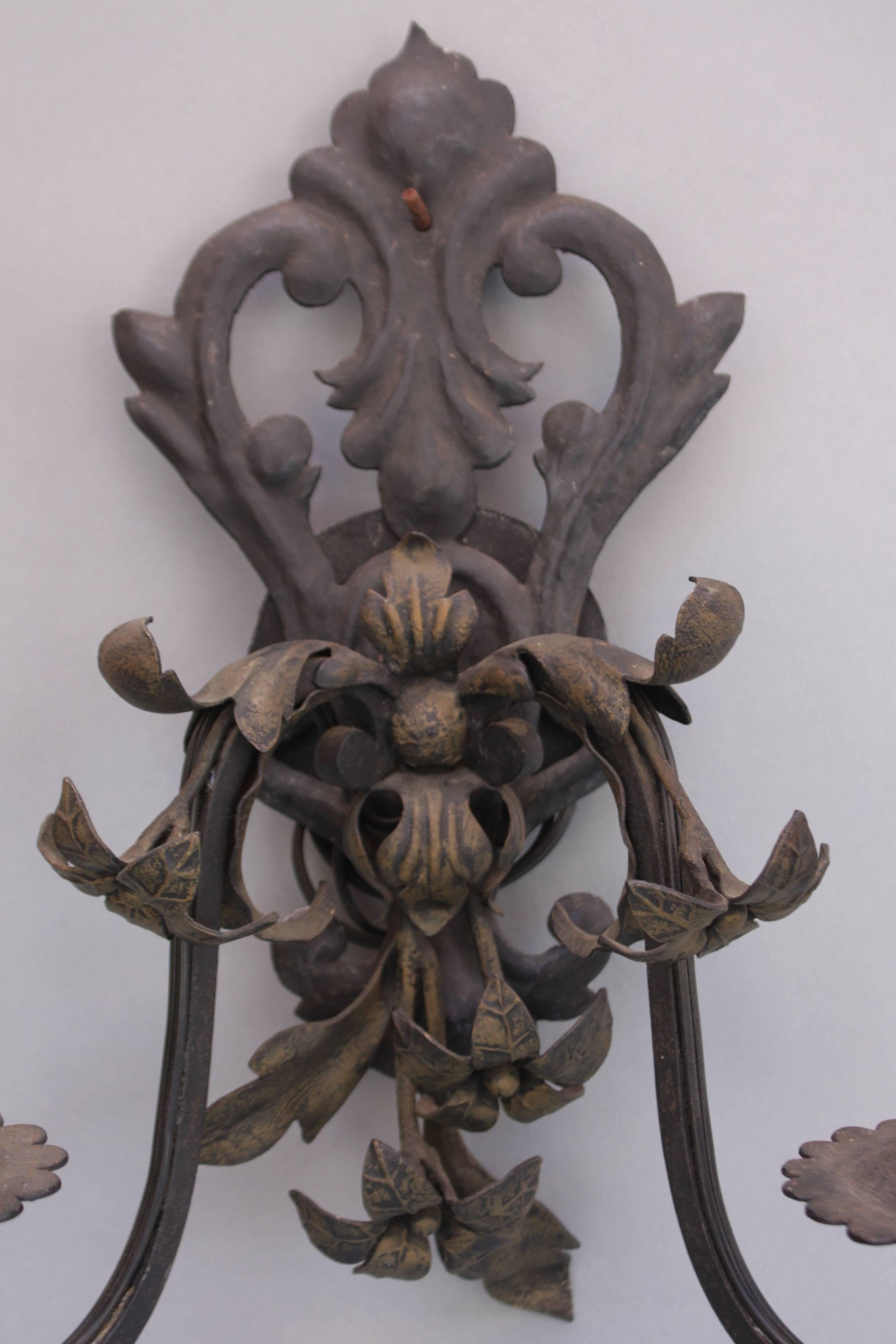Beautifully detailed double light sconce, circa 1920s.