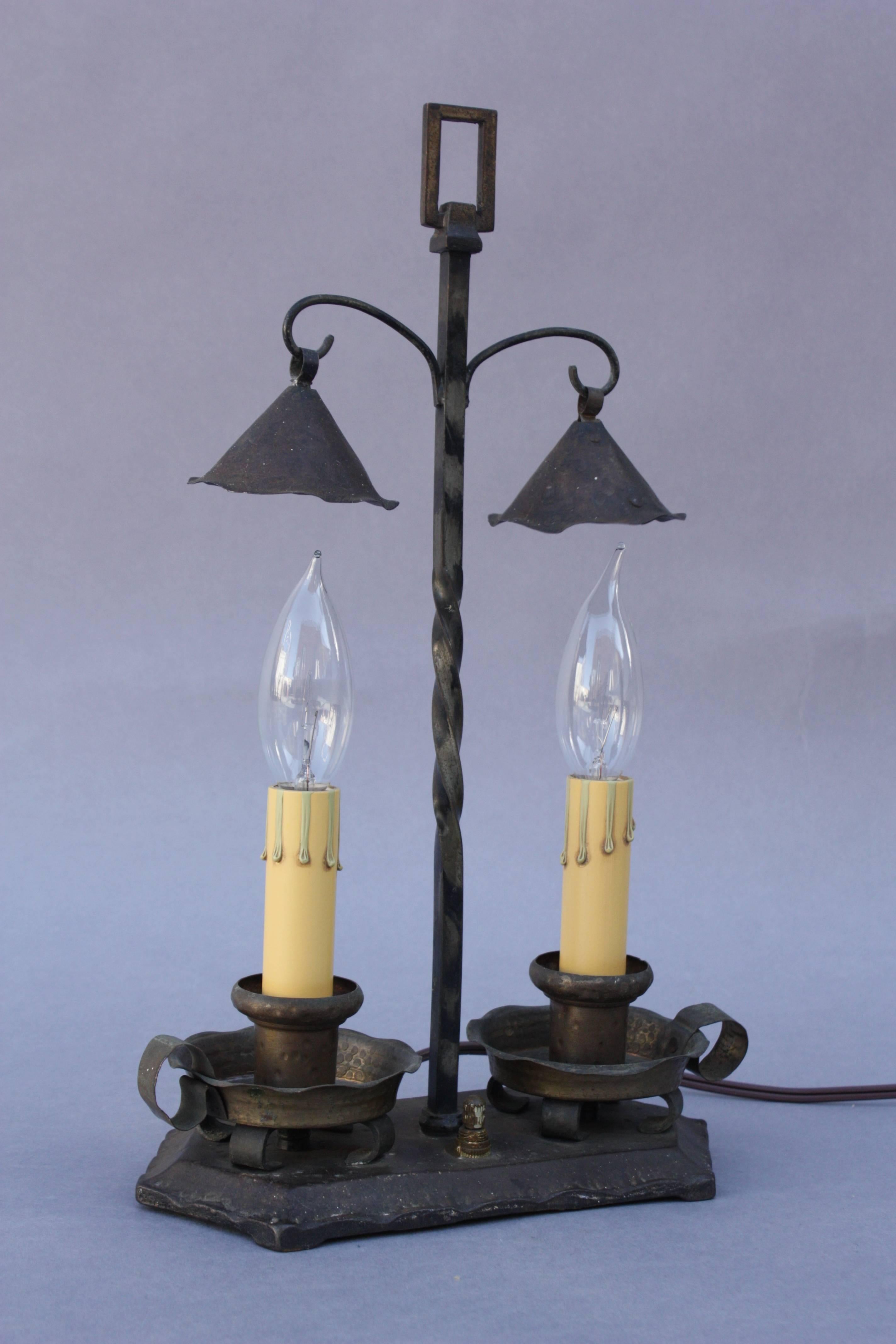 Quaint table lamps. Iron and brass construction, circa 1920s.