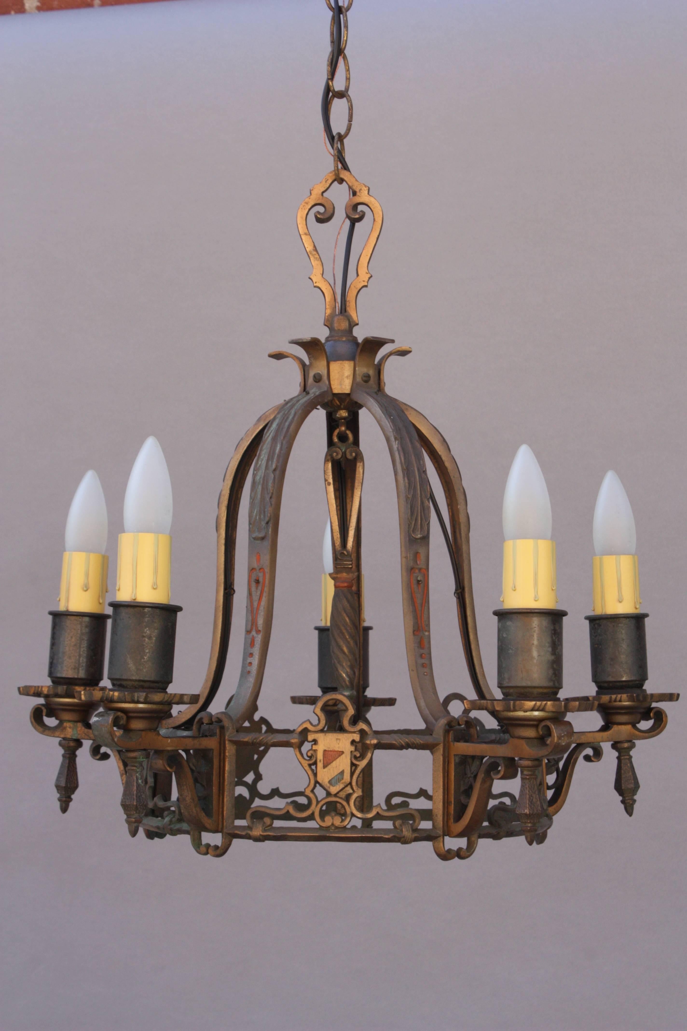 Cast brass chandelier with original polychrome accents, circa 1920s.