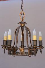 Cast Brass Five-Light Shield Motif Chandelier, 1920s