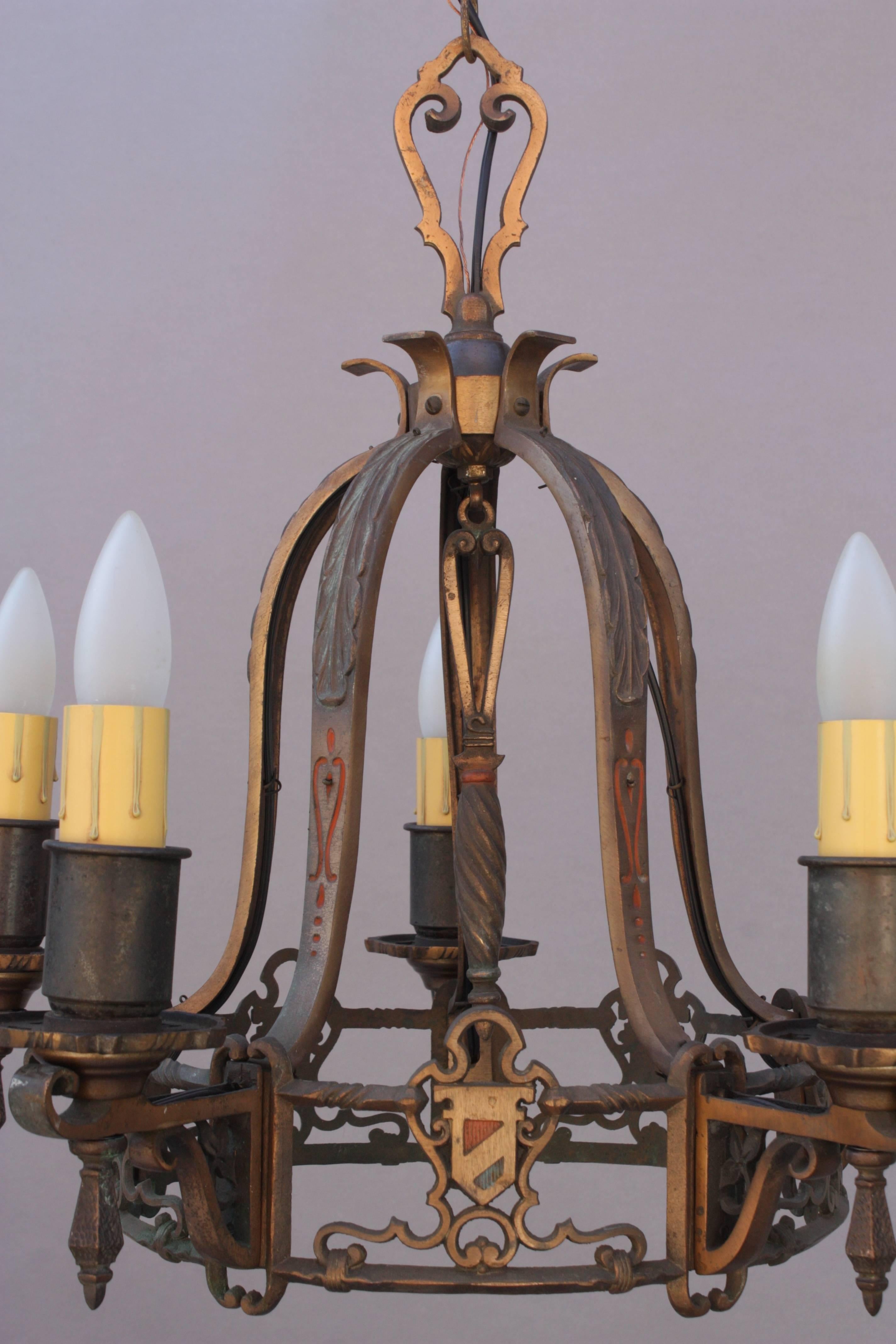 Spanish Colonial Cast Brass Five-Light Shield Motif Chandelier, 1920s For Sale