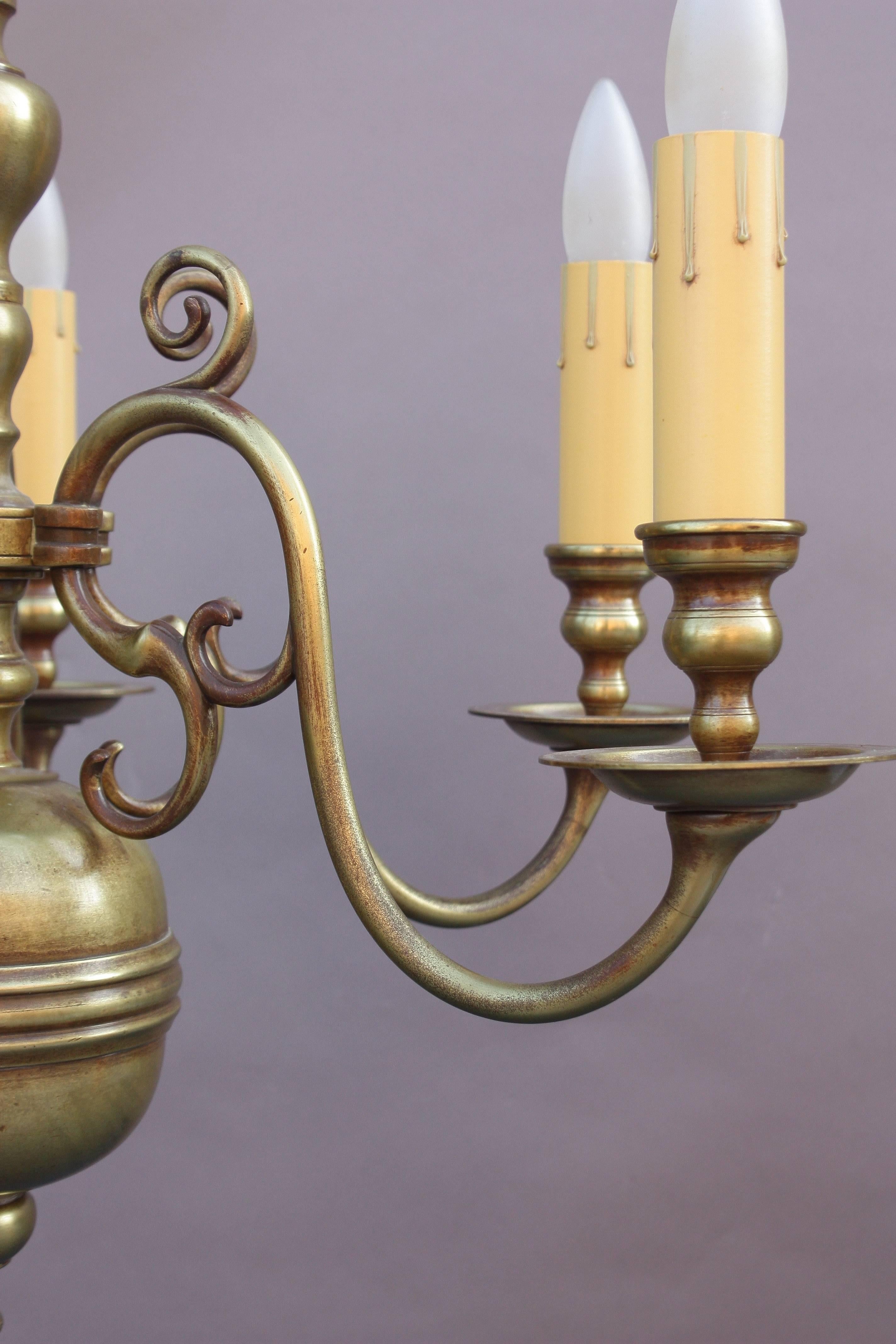 North American 1920s Colonial Revival Brass Six-Arm Chandelier