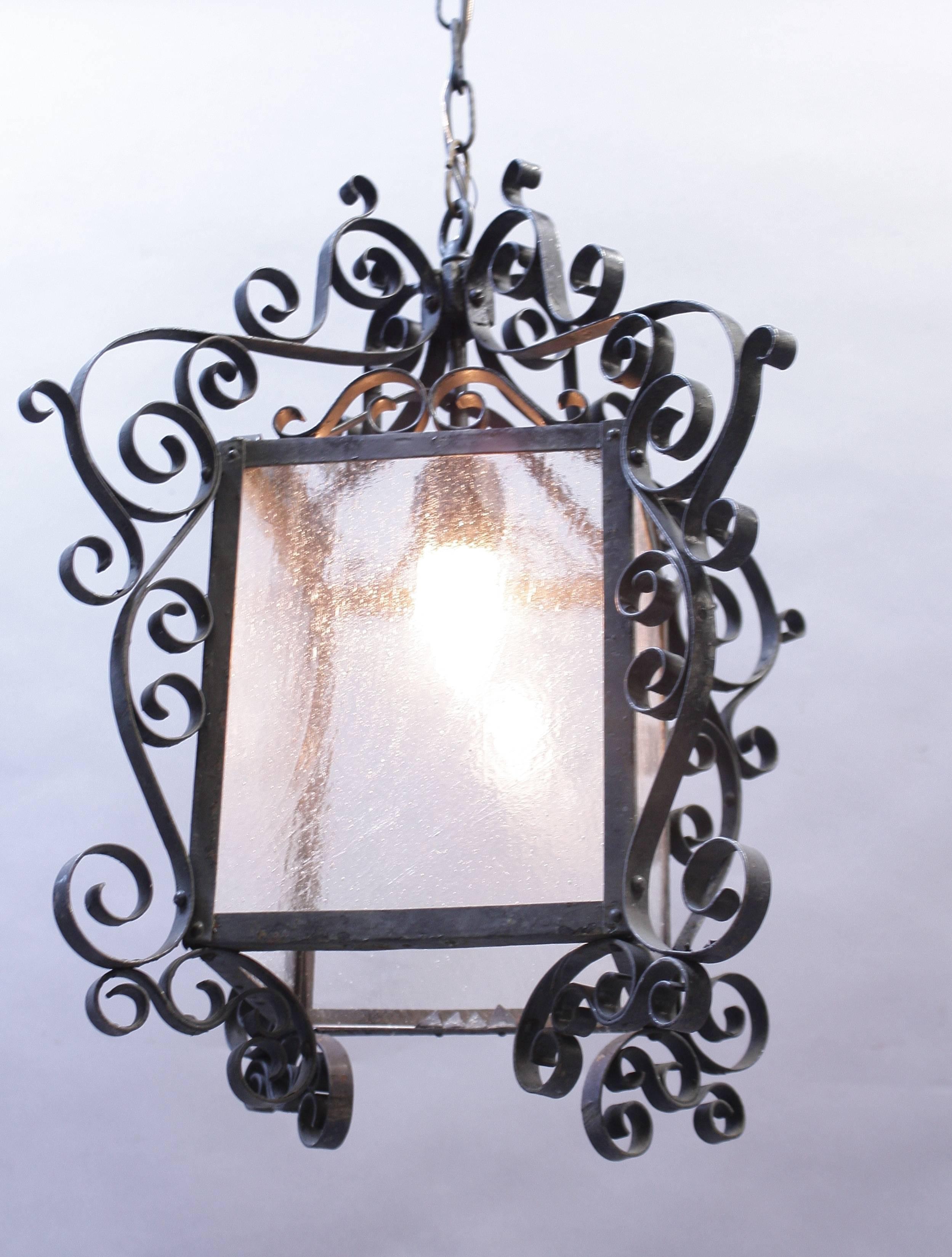North American Antique 1920s Spanish Revival Lantern with Seeded Glass