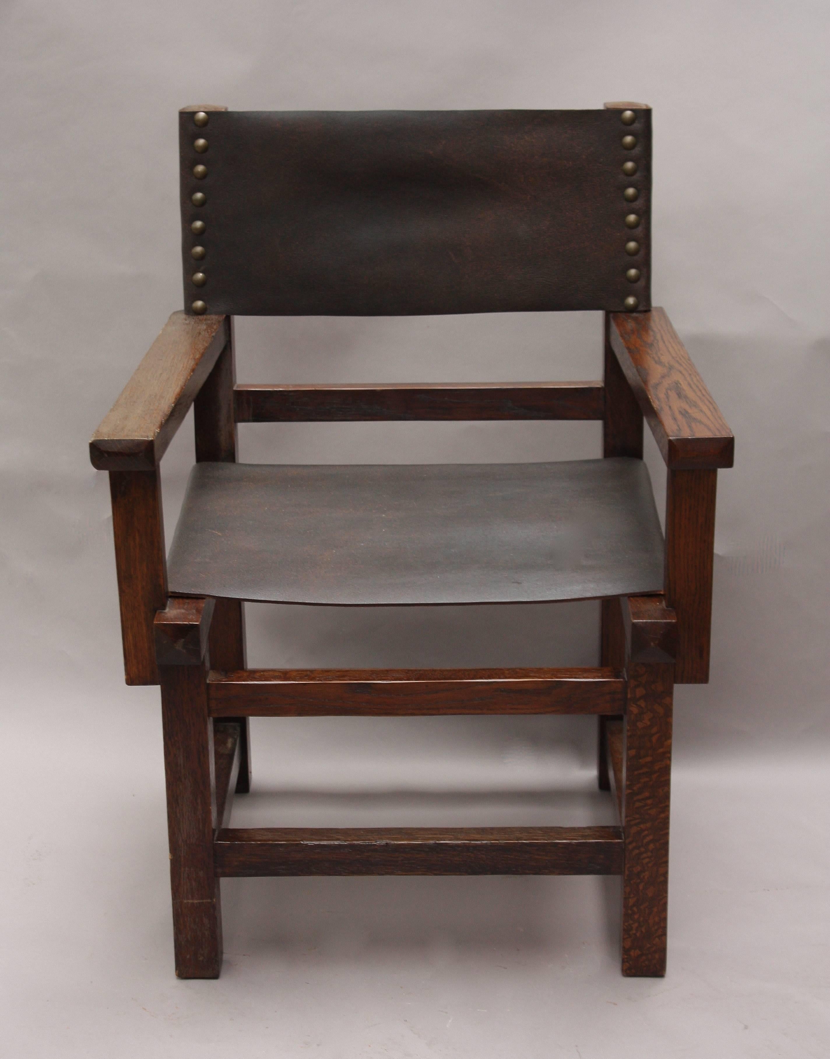 1910 Oak Armchair with Riveted Leather Upholstery In Good Condition For Sale In Pasadena, CA