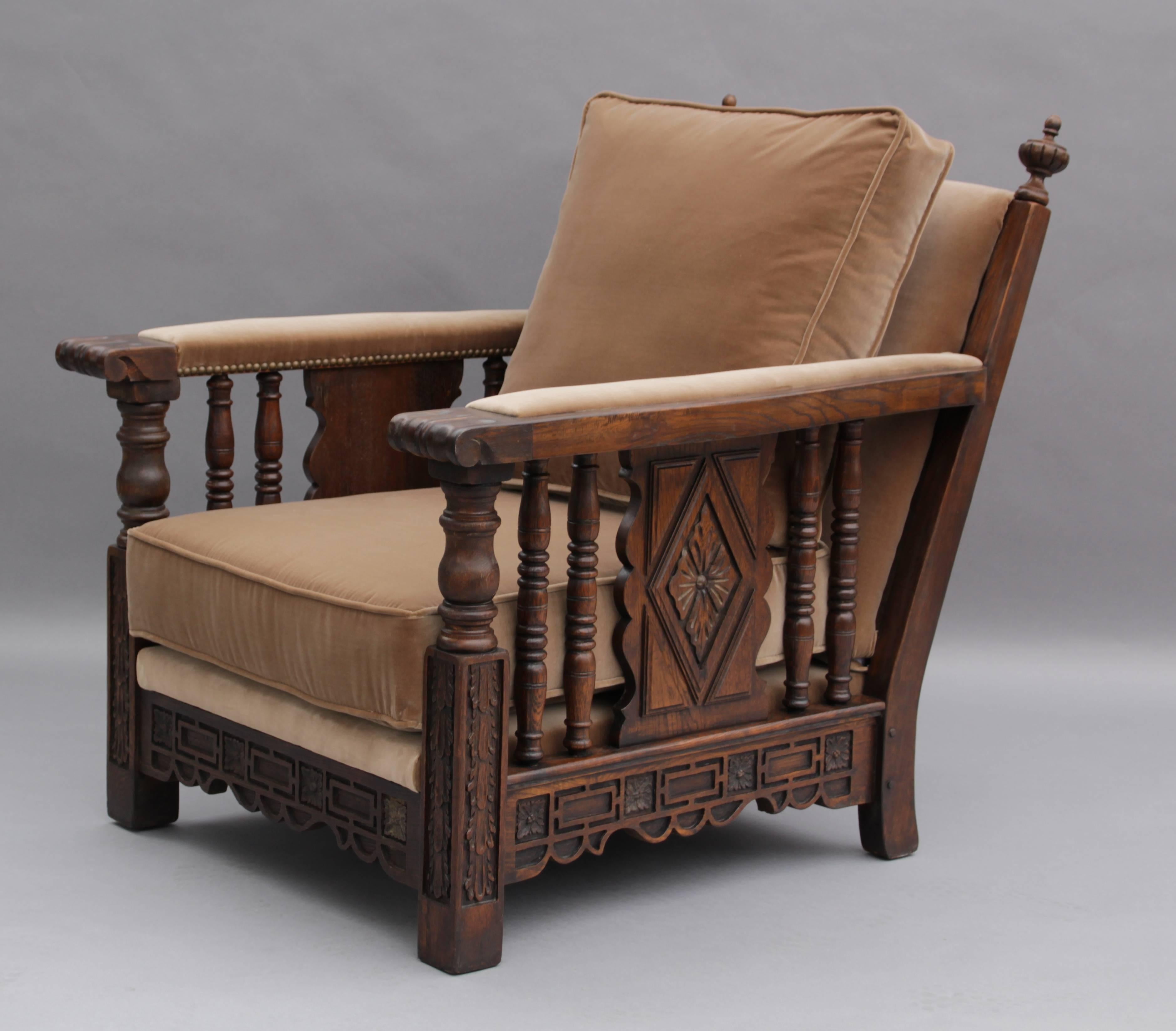 Spanish Revival armchair with new velvet upholstery, circa 1920s.
