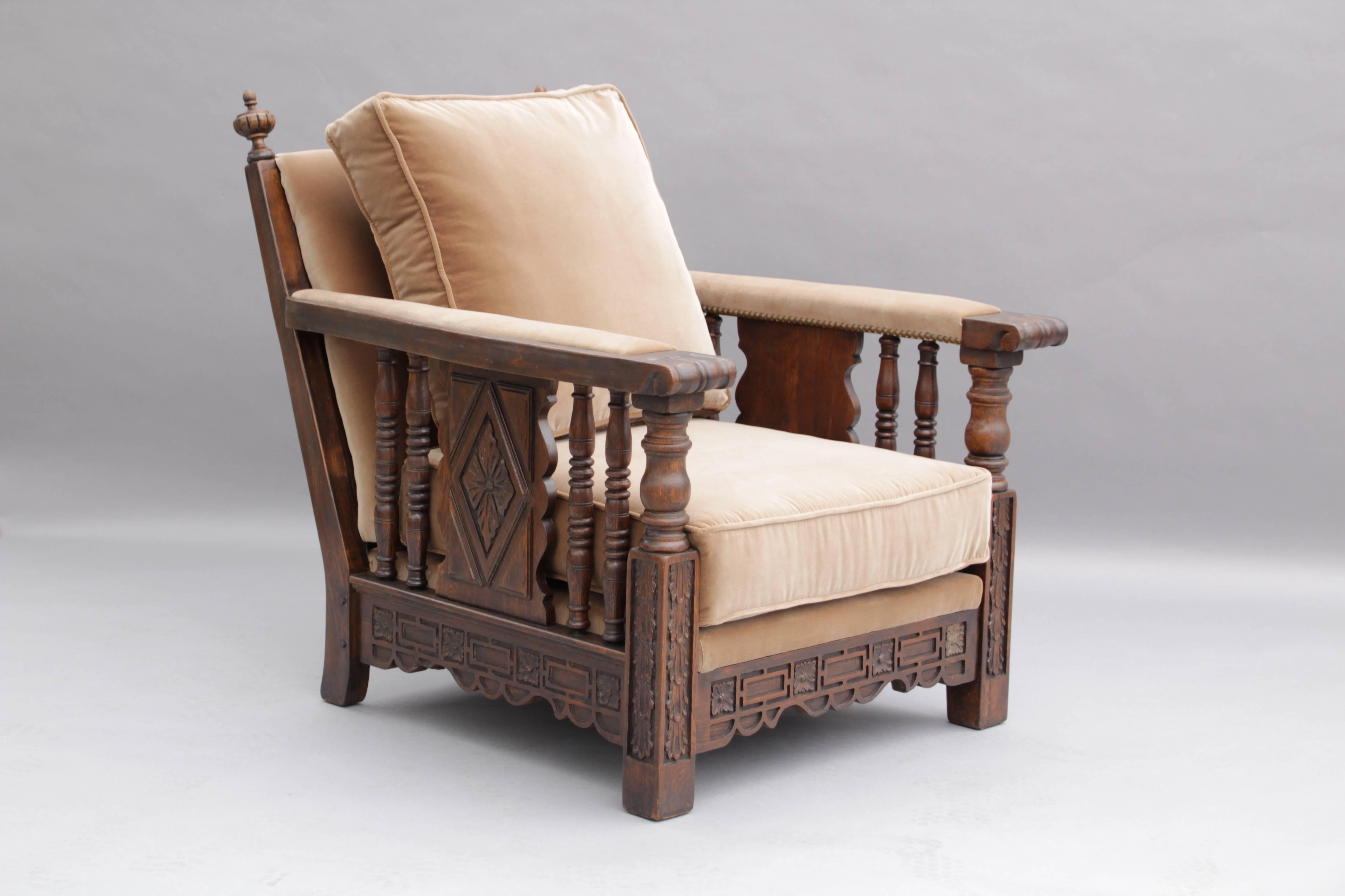 American 1920s Carved Club Chair with Acanthus Motif