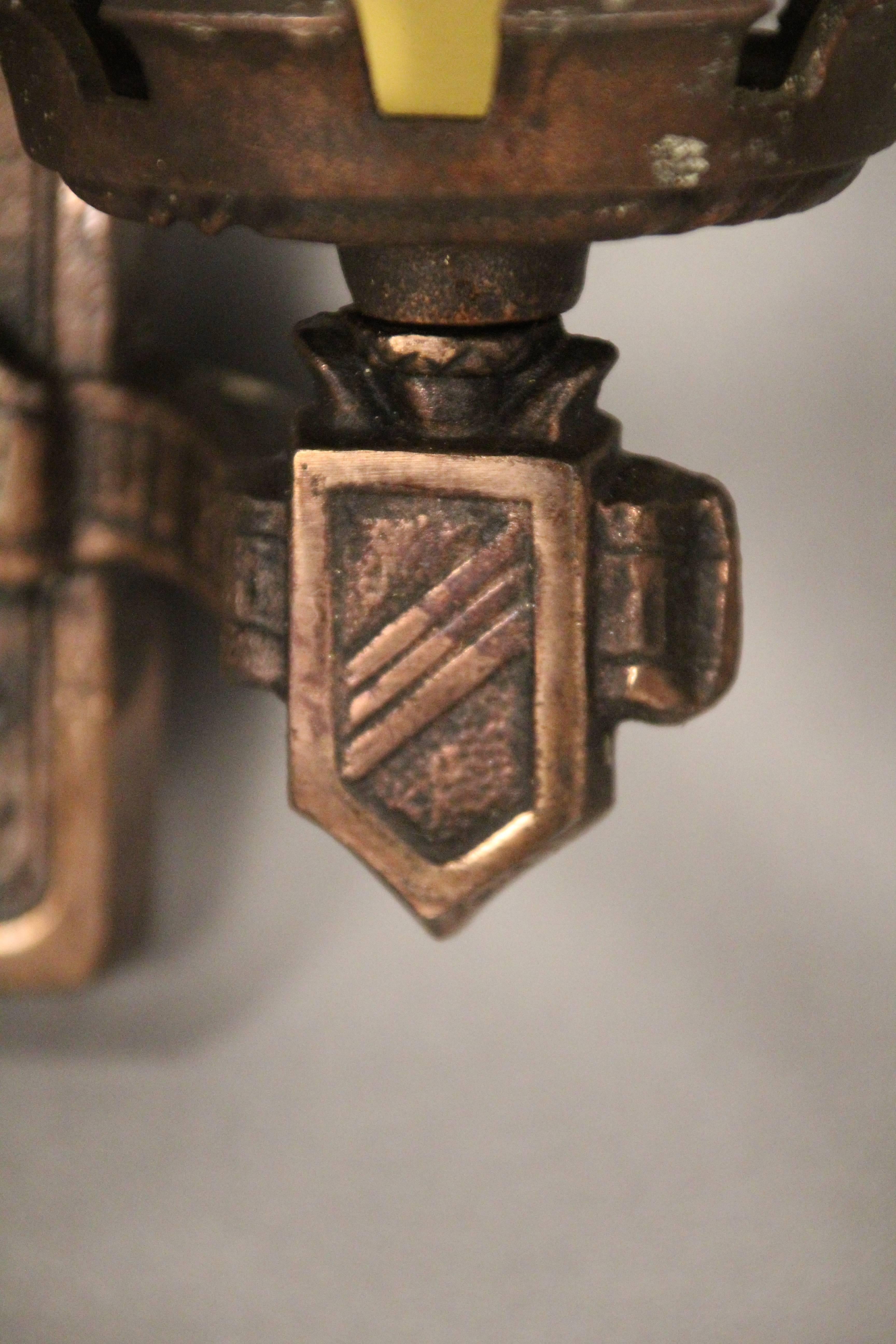 1 of 3 Double Light Bronze Sconces with Shield In Good Condition In Pasadena, CA