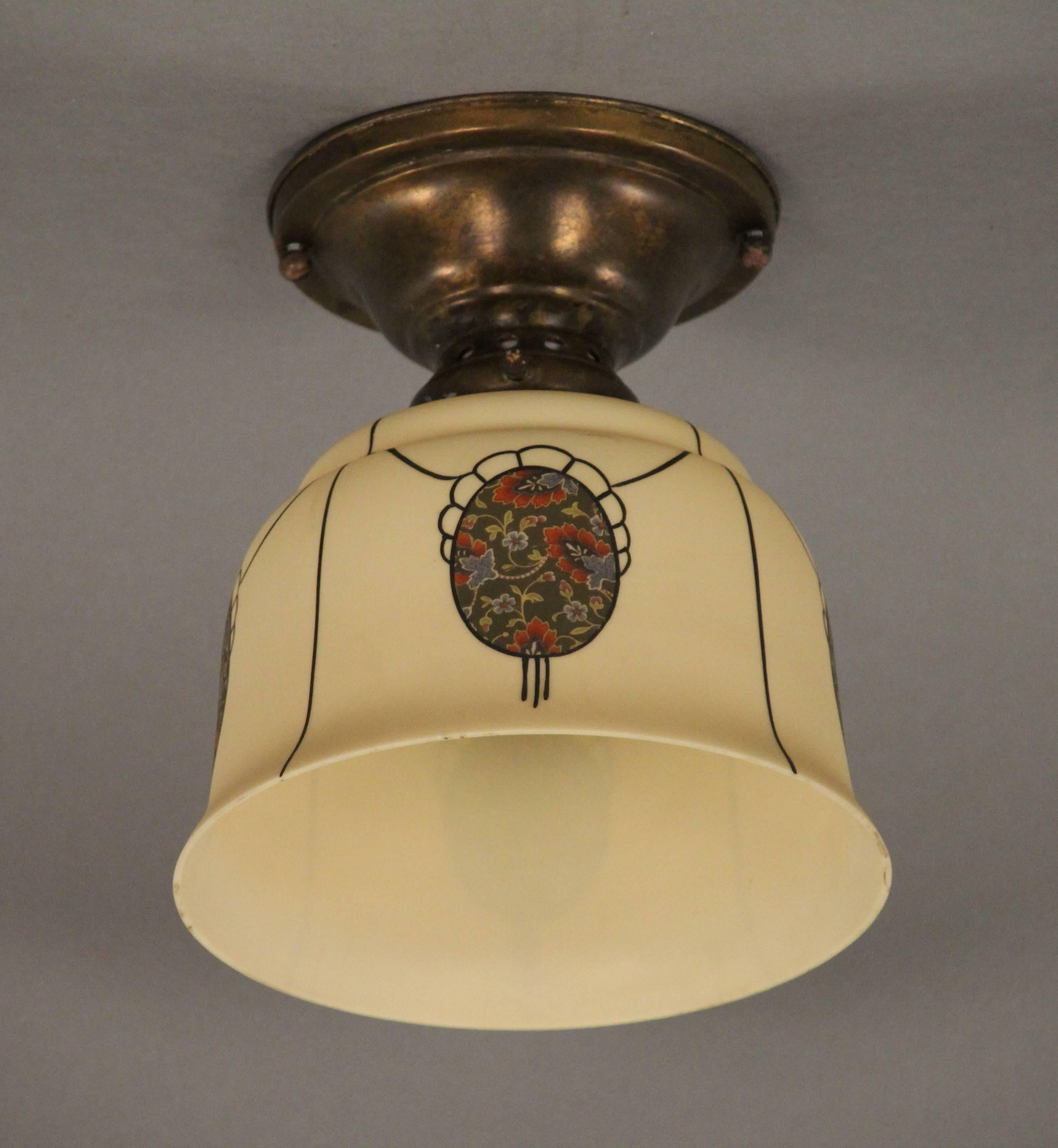 Spanish Colonial 1920s Hand-Painted Ceiling Mount with Glass Shade