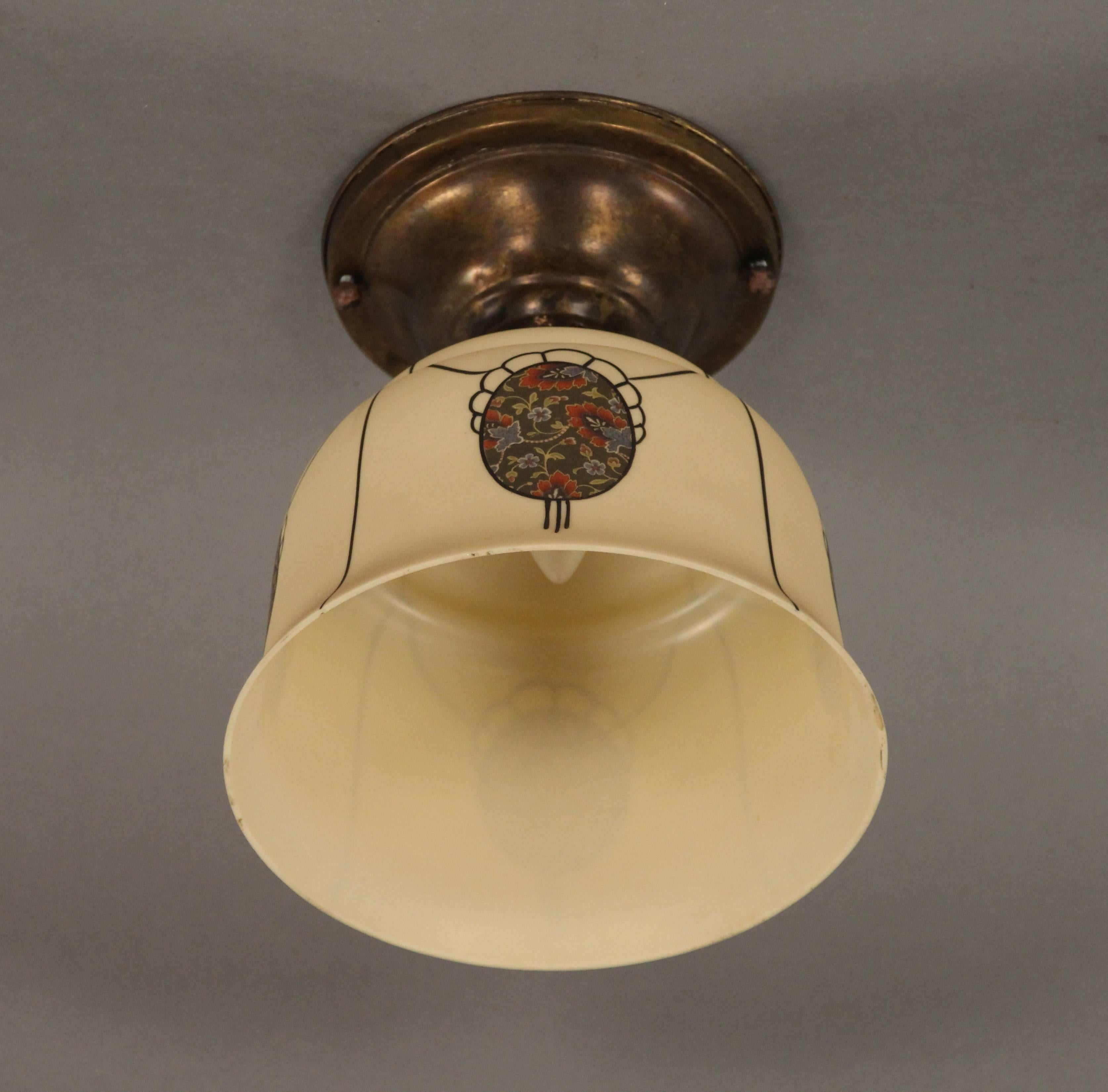 American 1920s Hand-Painted Ceiling Mount with Glass Shade