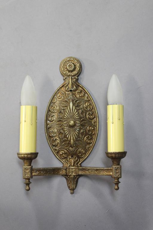 Pair of 1920s Double Light Gold Tone Sconces For Sale at 1stdibs