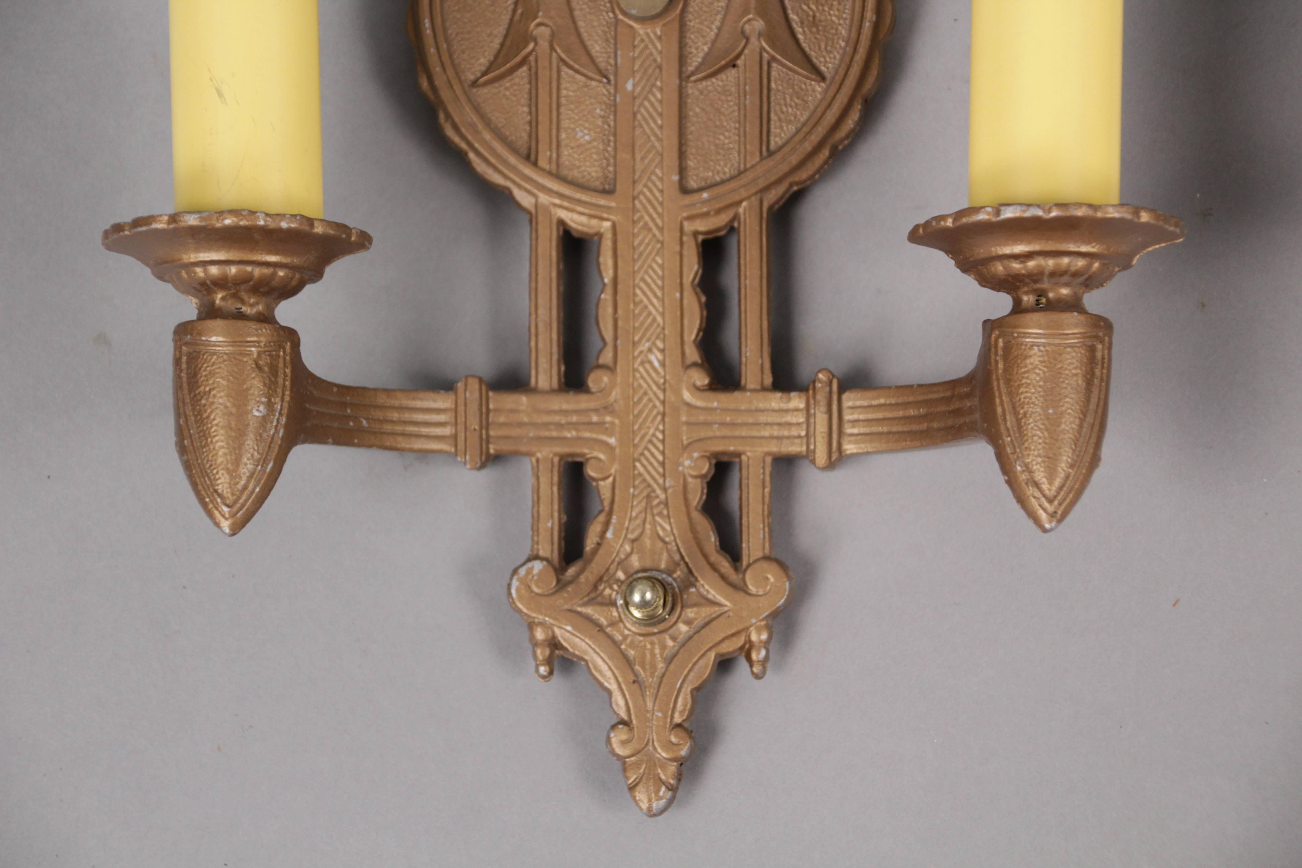 Spanish Colonial Pair of 1920s Double Sconces with Deco Arrow Motif For Sale