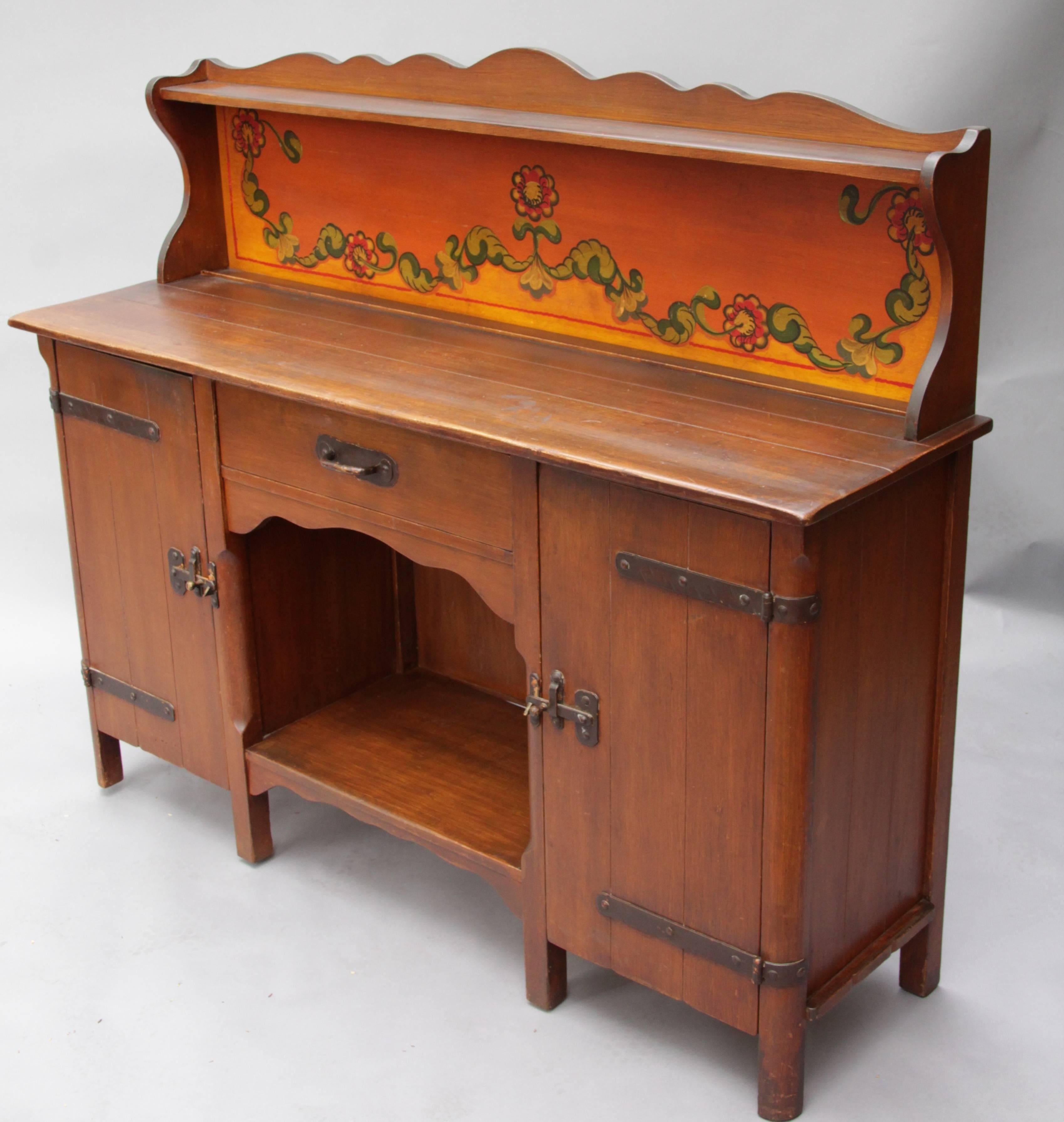 1930s All Original Monterey Sideboard with Pristine Original Painted Back Panel In Good Condition In Pasadena, CA